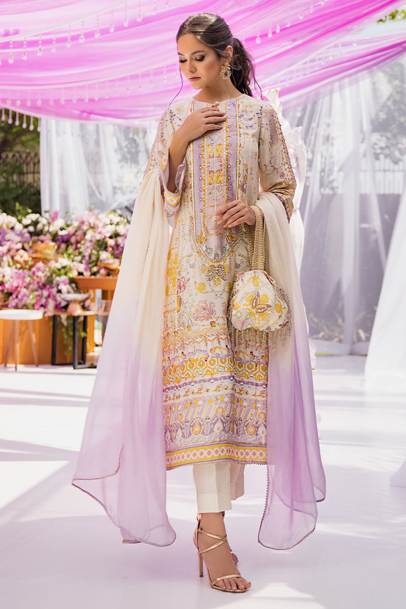 Pakistani Ivory Hand Embellished Silk A-Line Kurta (3-Piece) - Image 5