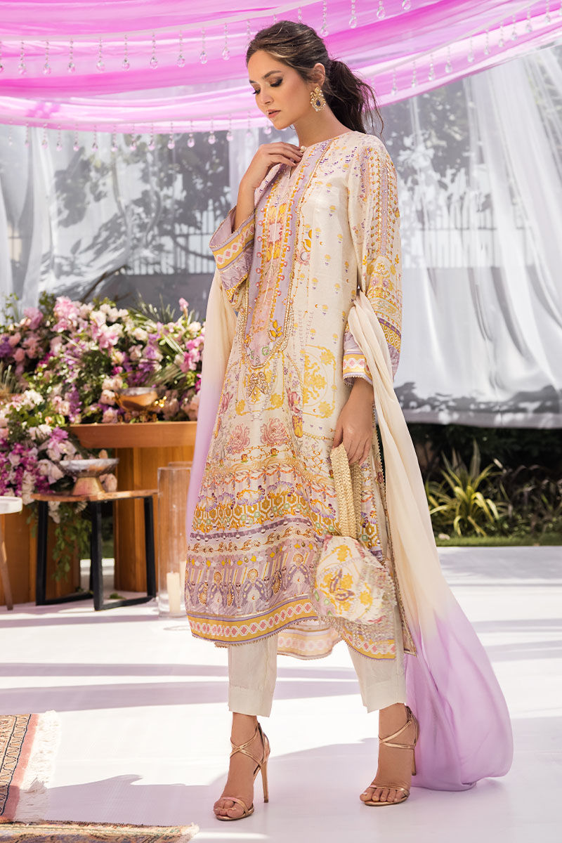 Pakistani Ivory Hand Embellished Silk A-Line Kurta (3-Piece) - Image 6