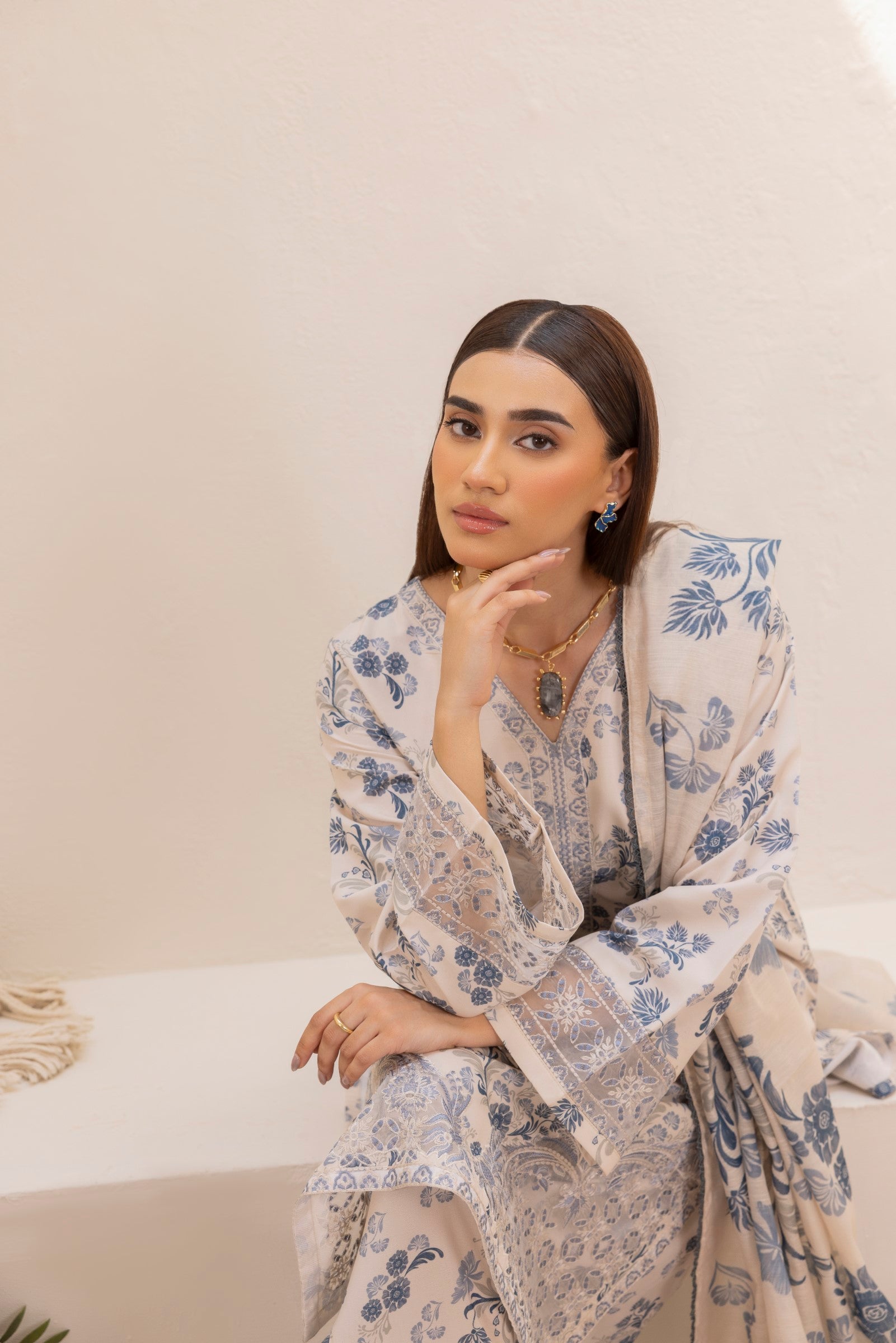 Ivory Blue Printed Silk Lawn Salwar Kameez (3-Piece) - Image 2