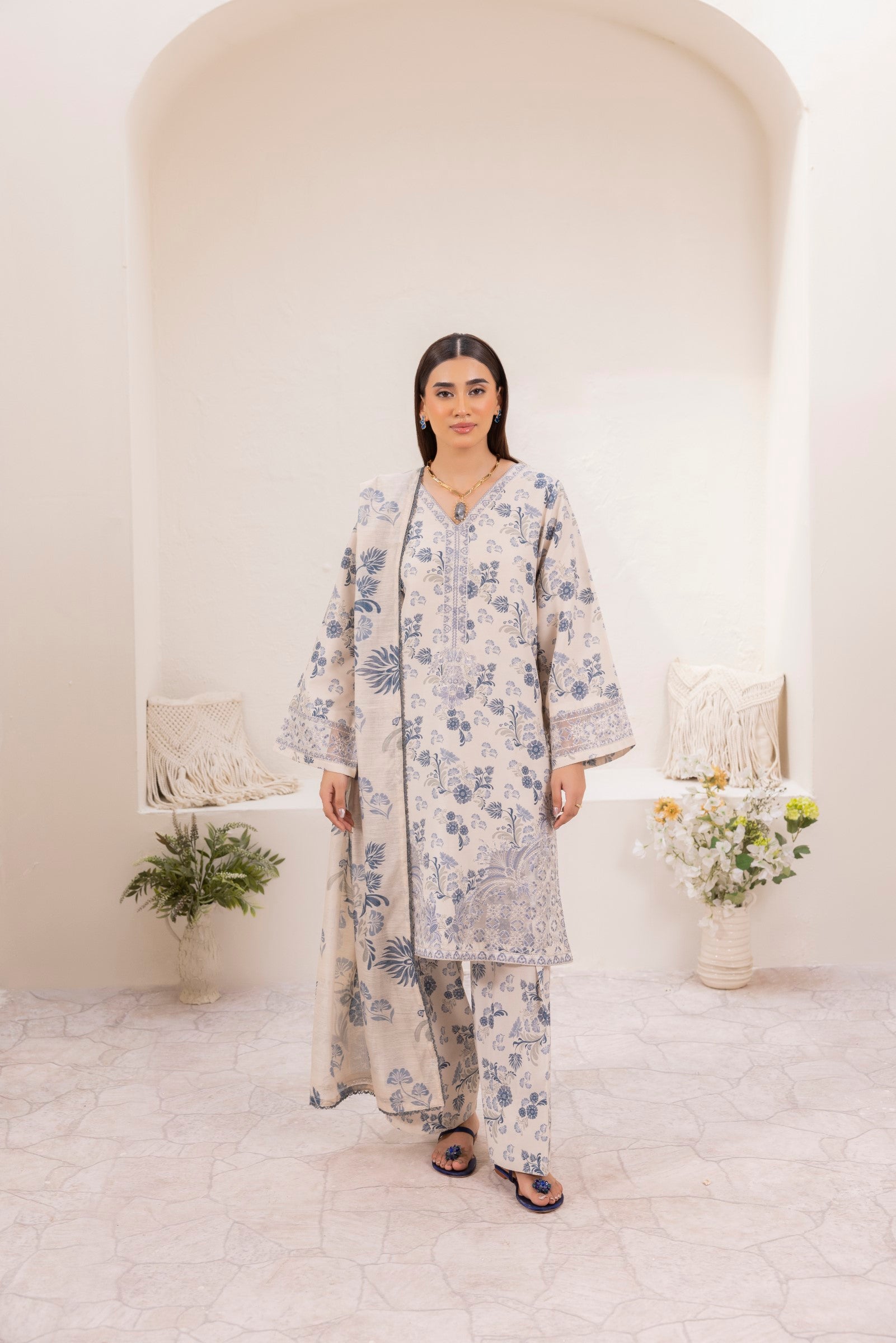 Ivory Blue Printed Silk Lawn Salwar Kameez (3-Piece) - Image 4