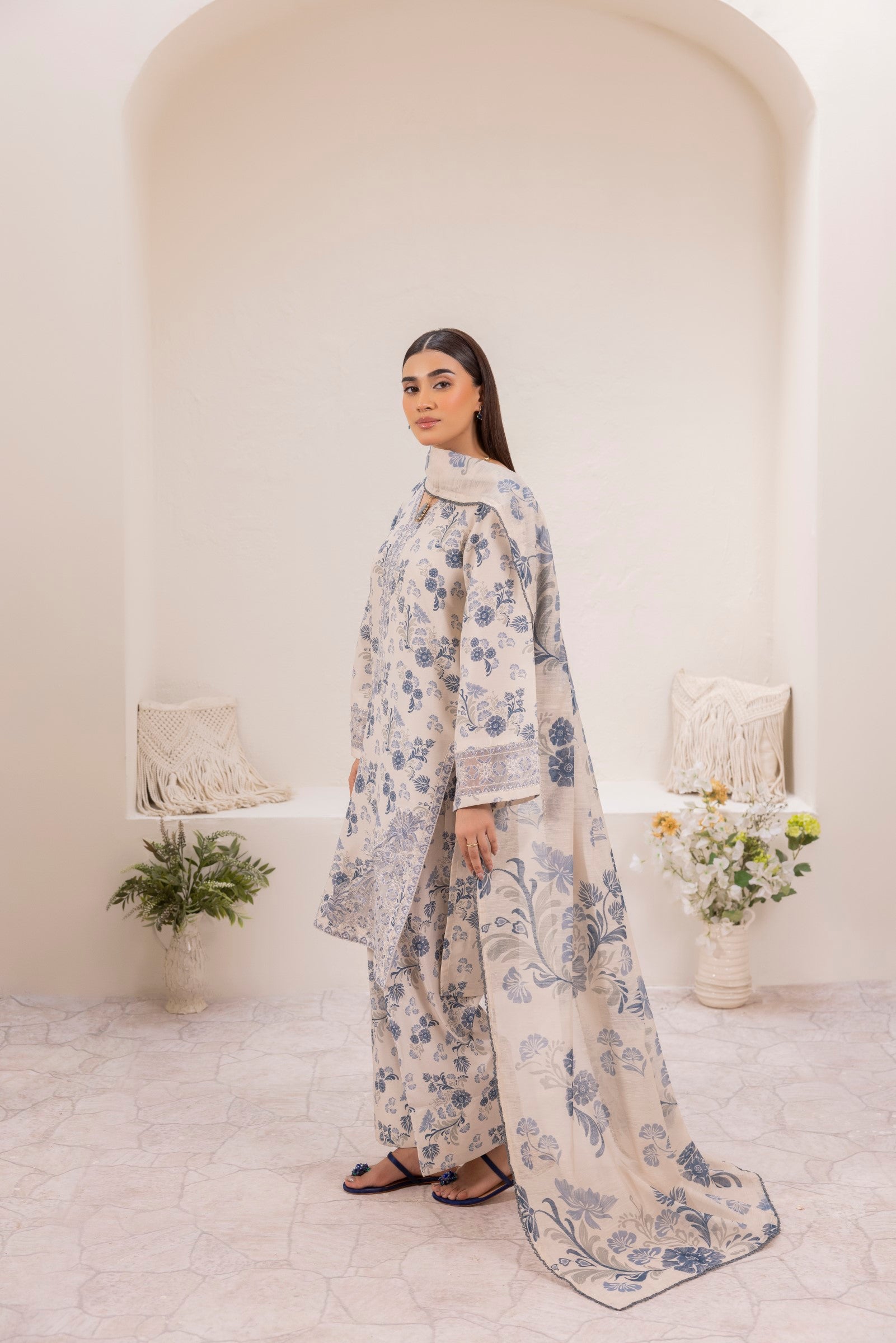 Ivory Blue Printed Silk Lawn Salwar Kameez (3-Piece) - Image 5