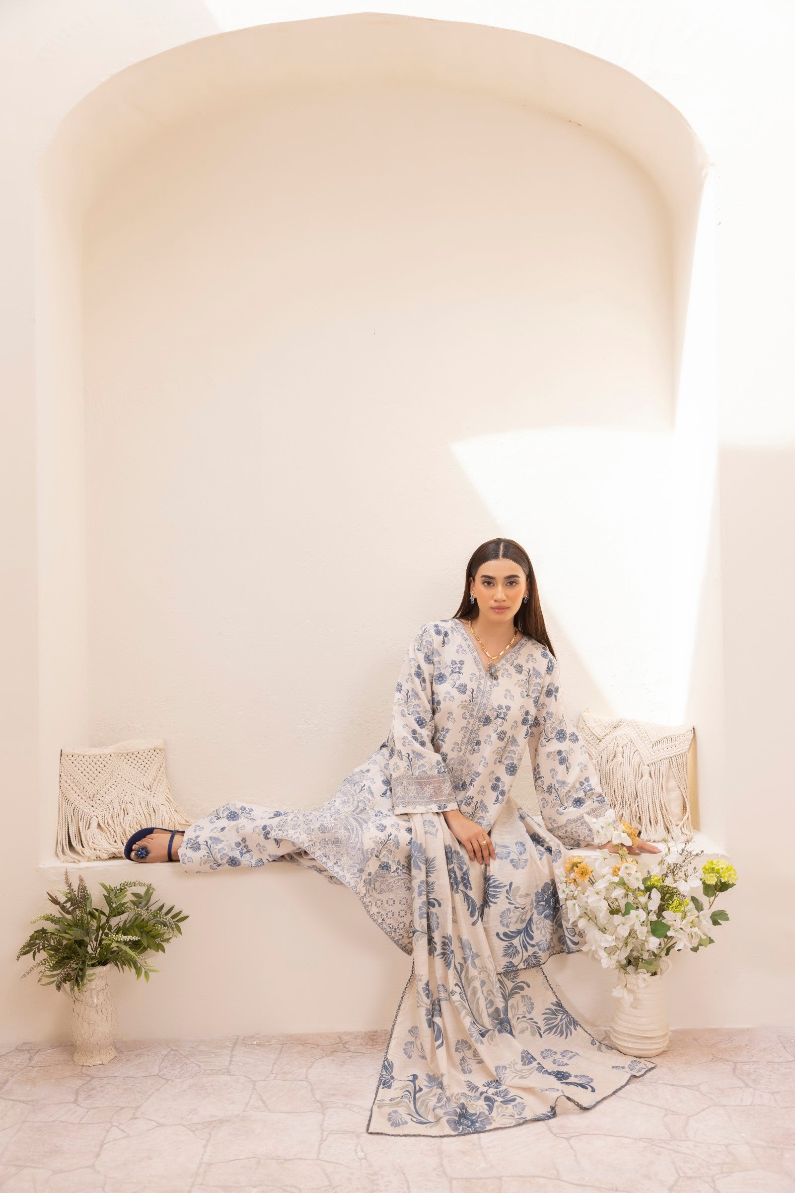 Ivory Blue Printed Silk Lawn Salwar Kameez (3-Piece) - Image 6
