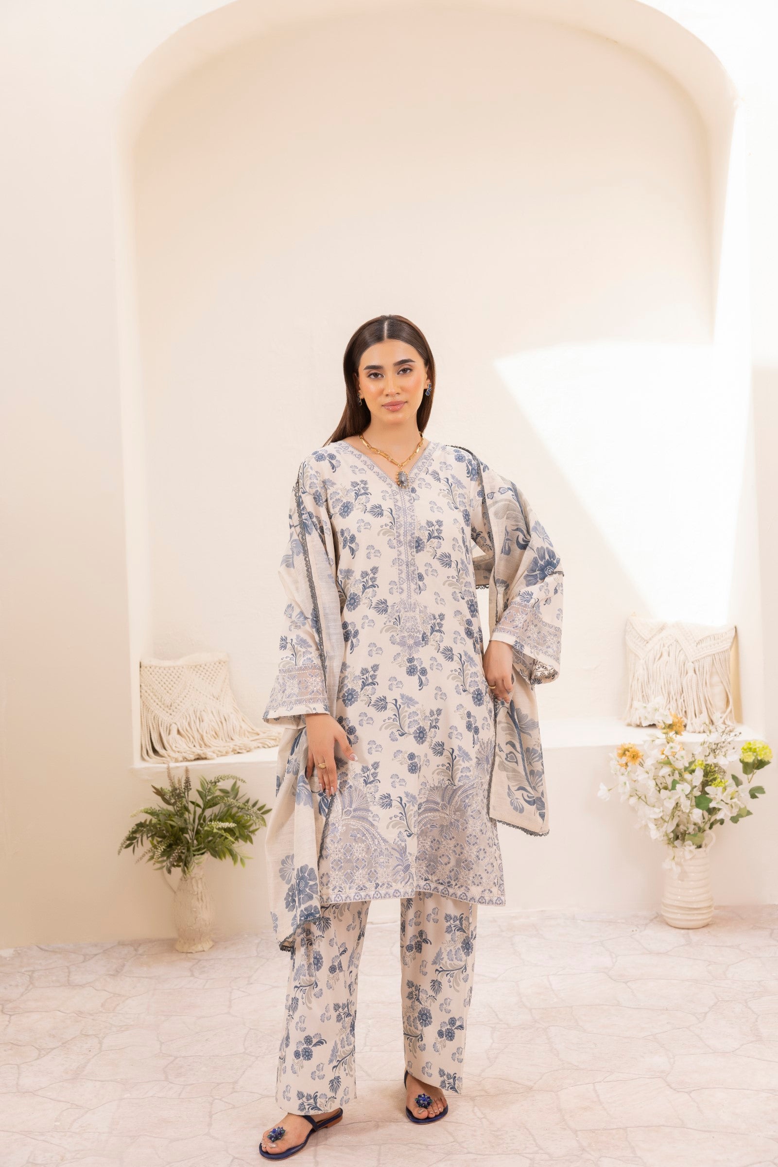 Ivory Blue Printed Silk Lawn Salwar Kameez (3-Piece) - Image 7