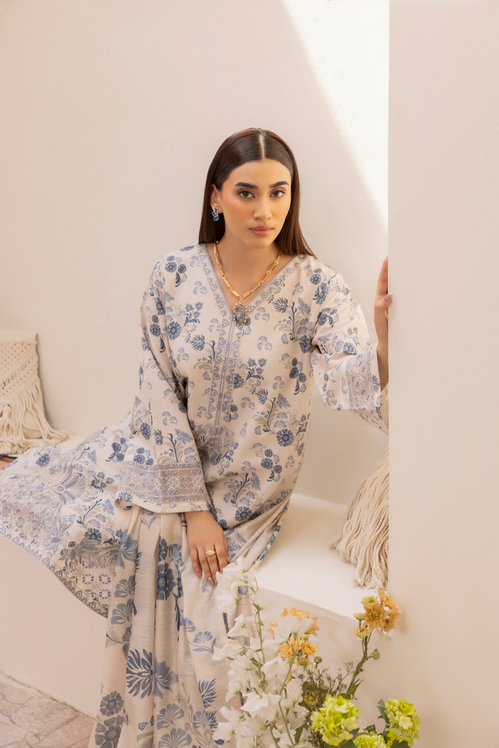 Ivory Blue Printed Silk Lawn Salwar Kameez (3-Piece) - Image 8