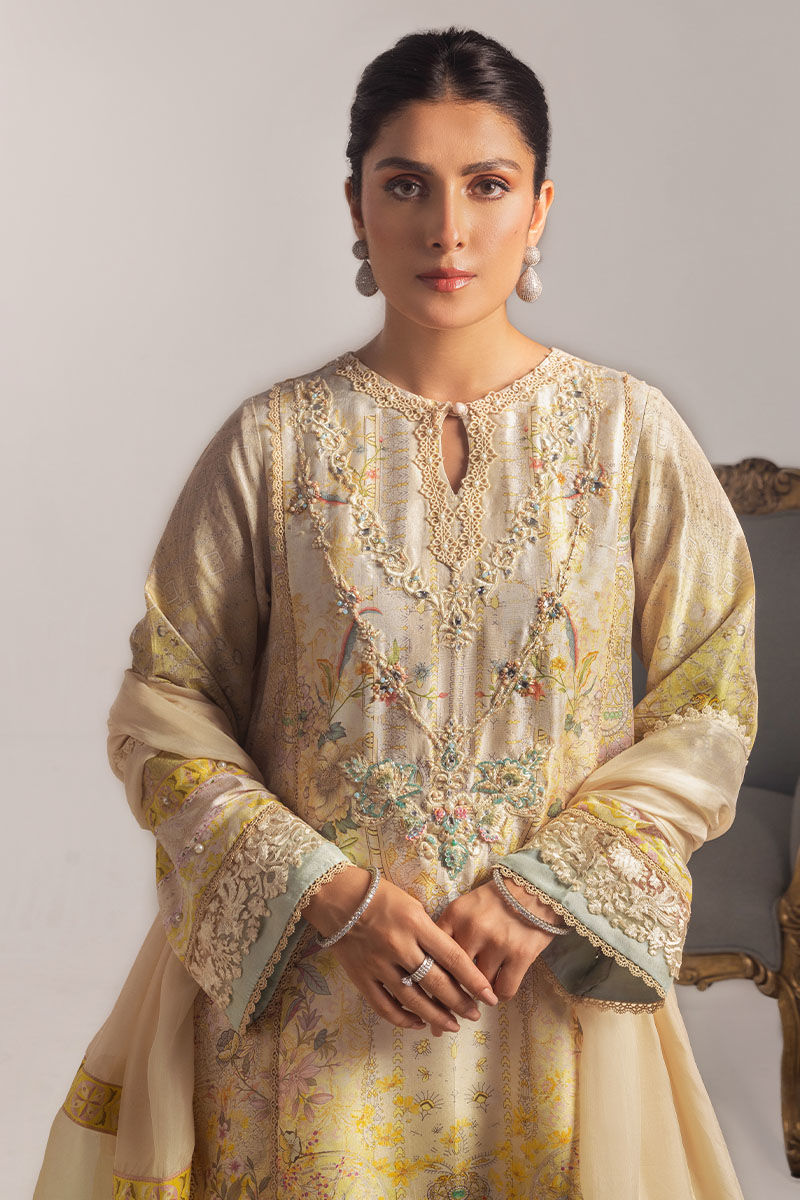 Pakistani Ivory Lemon Embroidered Blended Silk Kurta (3-Piece) - Image 2