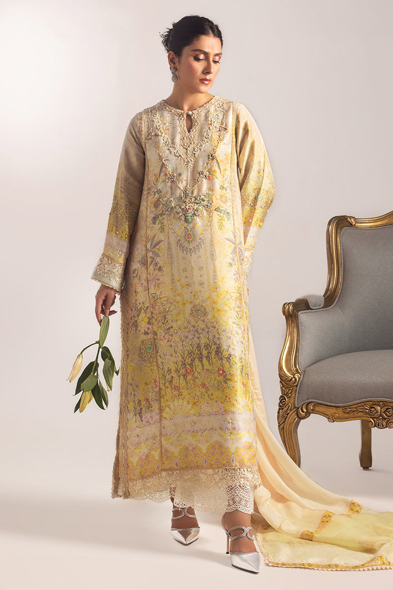 Pakistani Ivory Lemon Embroidered Blended Silk Kurta (3-Piece) - Image 3