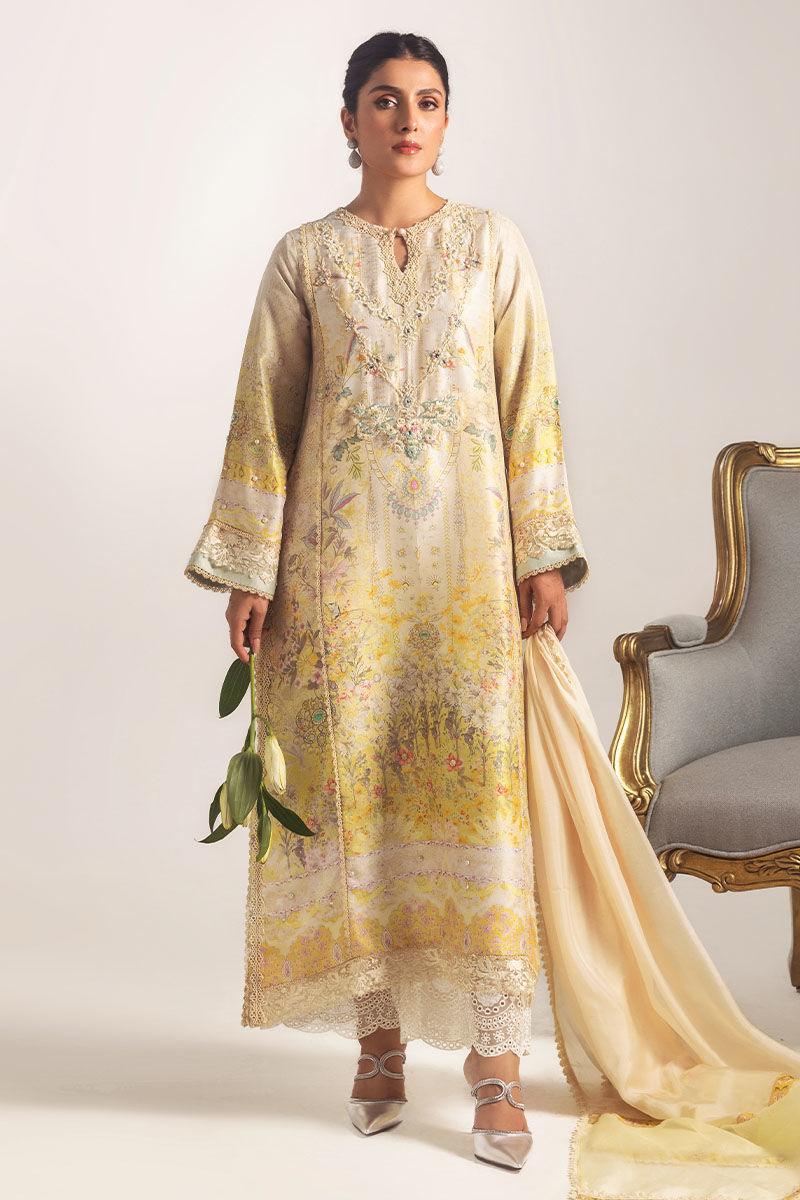 Pakistani Ivory Lemon Embroidered Blended Silk Kurta (3-Piece) - Image 5