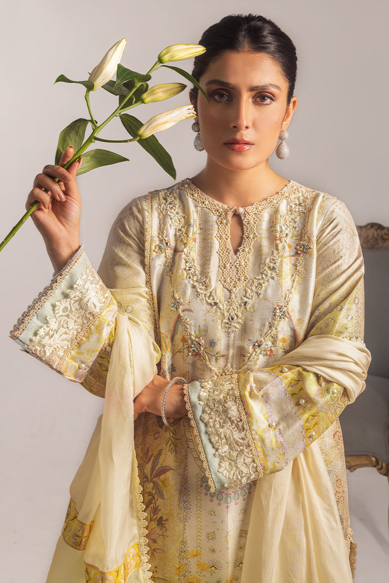 Pakistani Ivory Lemon Embroidered Blended Silk Kurta (3-Piece) - Image 6