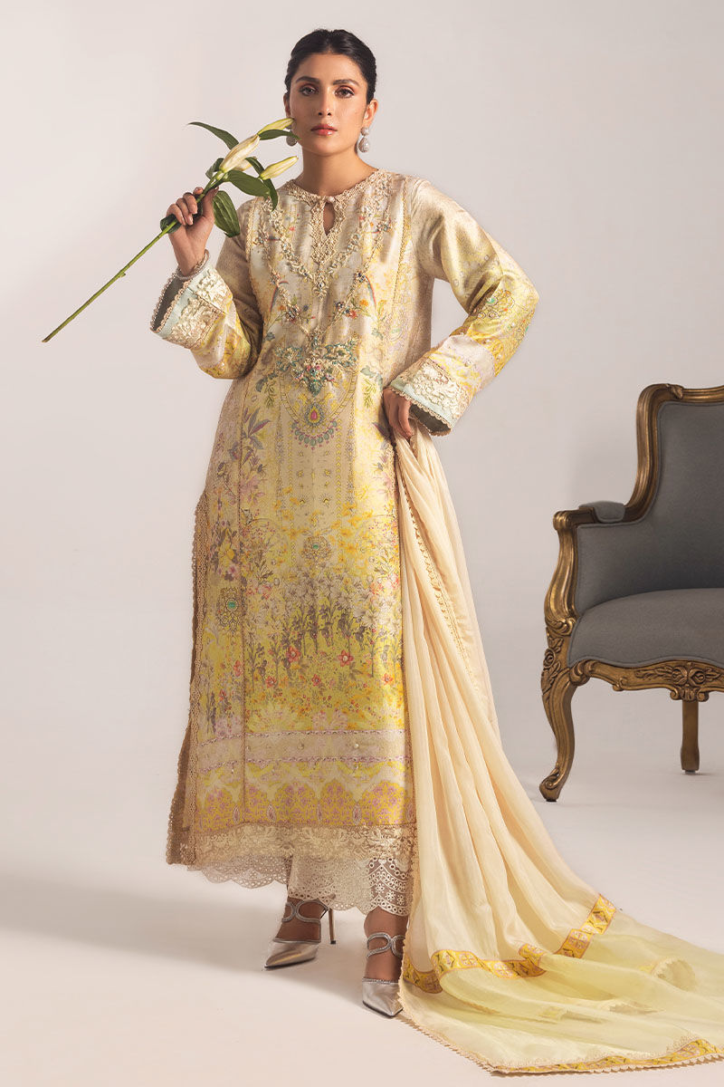 Pakistani Ivory Lemon Embroidered Blended Silk Kurta (3-Piece) - Image 7