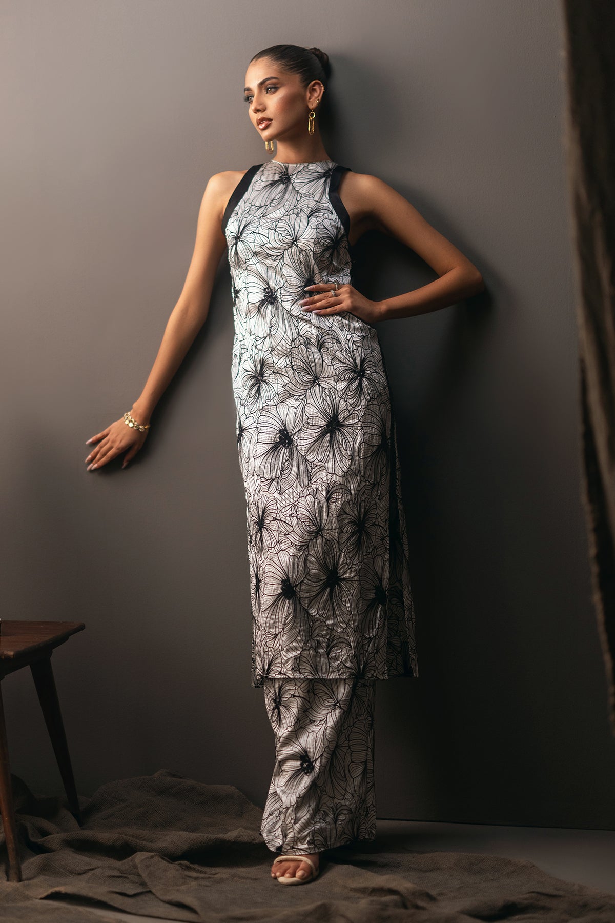 Ivory Floral Embroidered Silk Salwar Kameez (2-Piece) - Image 1