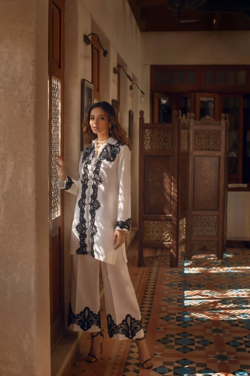 Pakistani Off-White Embroidered Silk Tunic Set (2-Piece) - Image 1