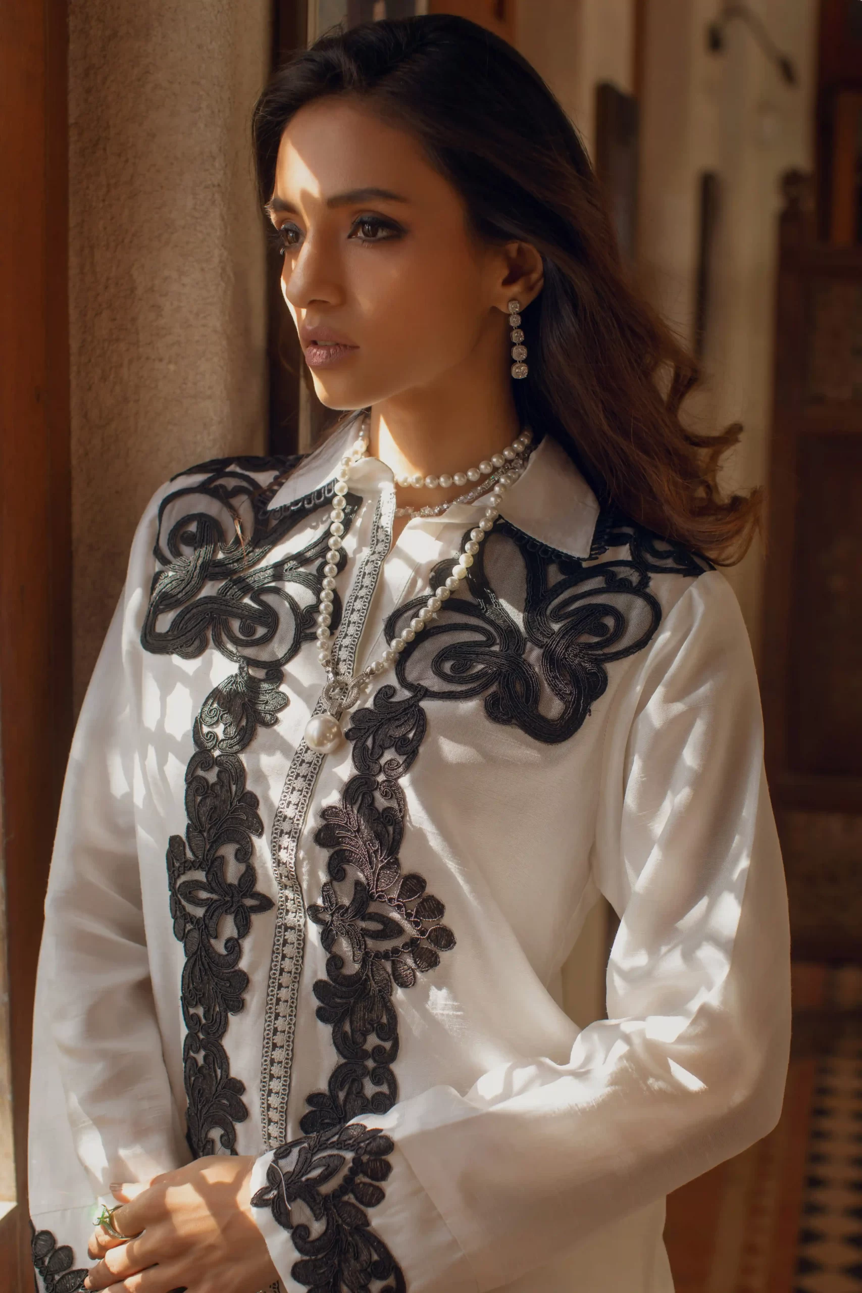 Pakistani Off-White Embroidered Silk Tunic Set (2-Piece) - Image 3