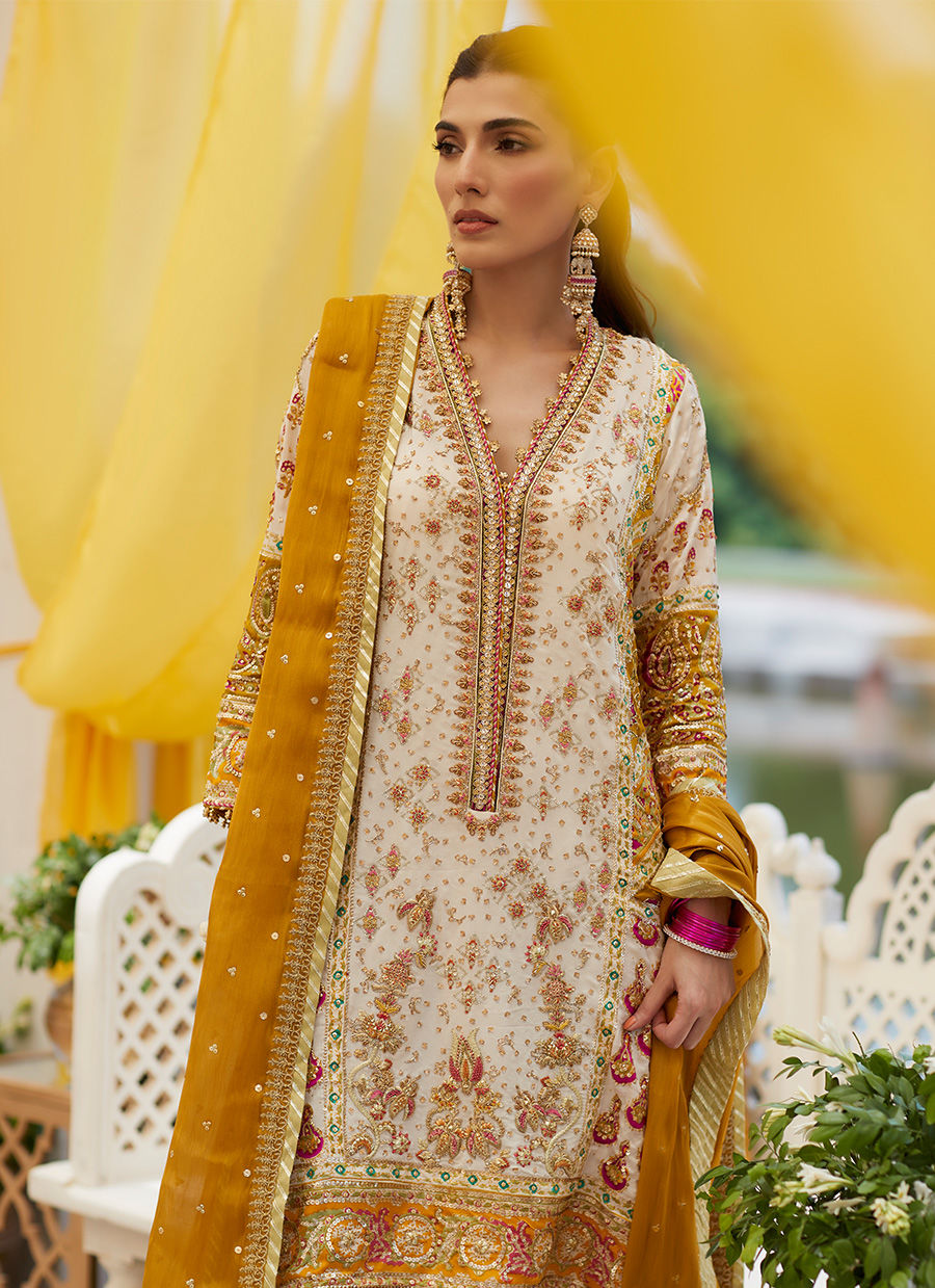 Pakistani Ivory Zardozi & Gota Silk Salwar Kameez (3-Piece) - Image 4