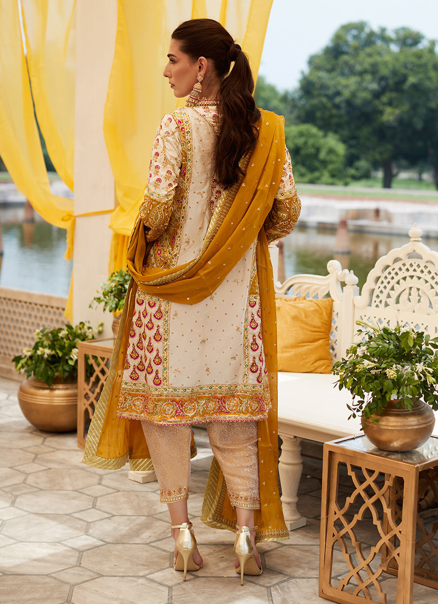 Pakistani Ivory Zardozi & Gota Silk Salwar Kameez (3-Piece) - Image 6