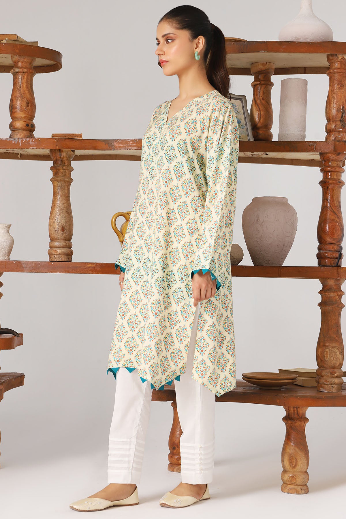 Pakistani Ivory Digital Printed Slub Linen Shirt (1-Pc) - Image 2
