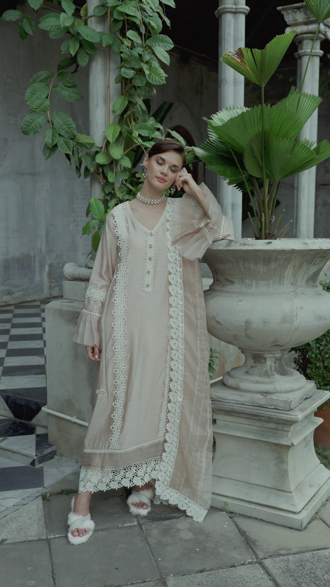 Pakistani Ivory Lace Pure Spench Silk Salwar Kameez (3-Piece) - Image 11