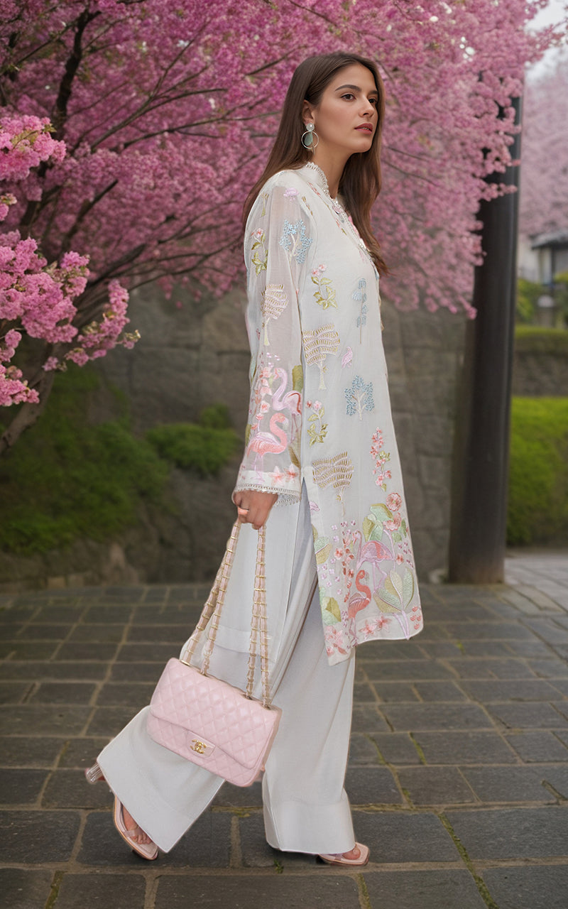 Pakistani Ivory Embroidered Swiss Voile Salwar Kameez (2-Piece) - Image 1