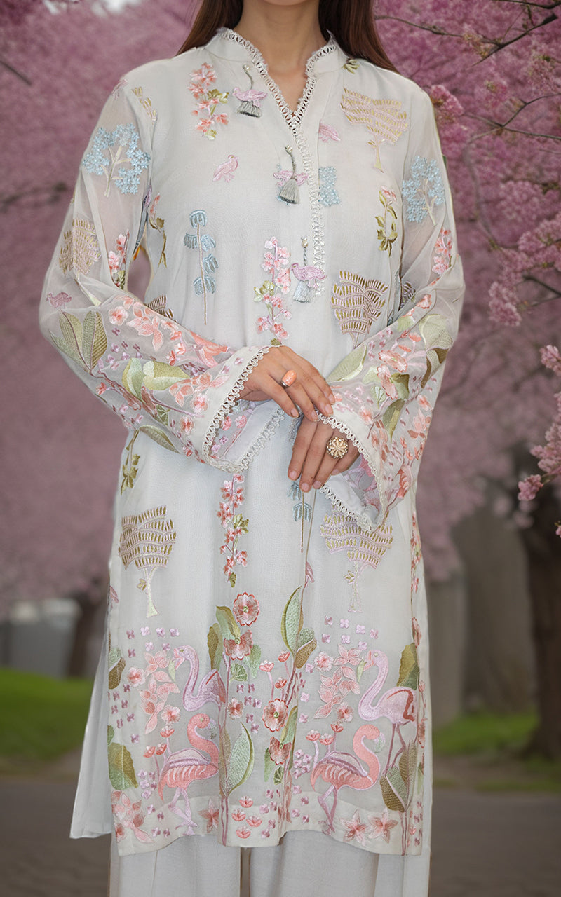 Pakistani Ivory Embroidered Swiss Voile Salwar Kameez (2-Piece) - Image 2