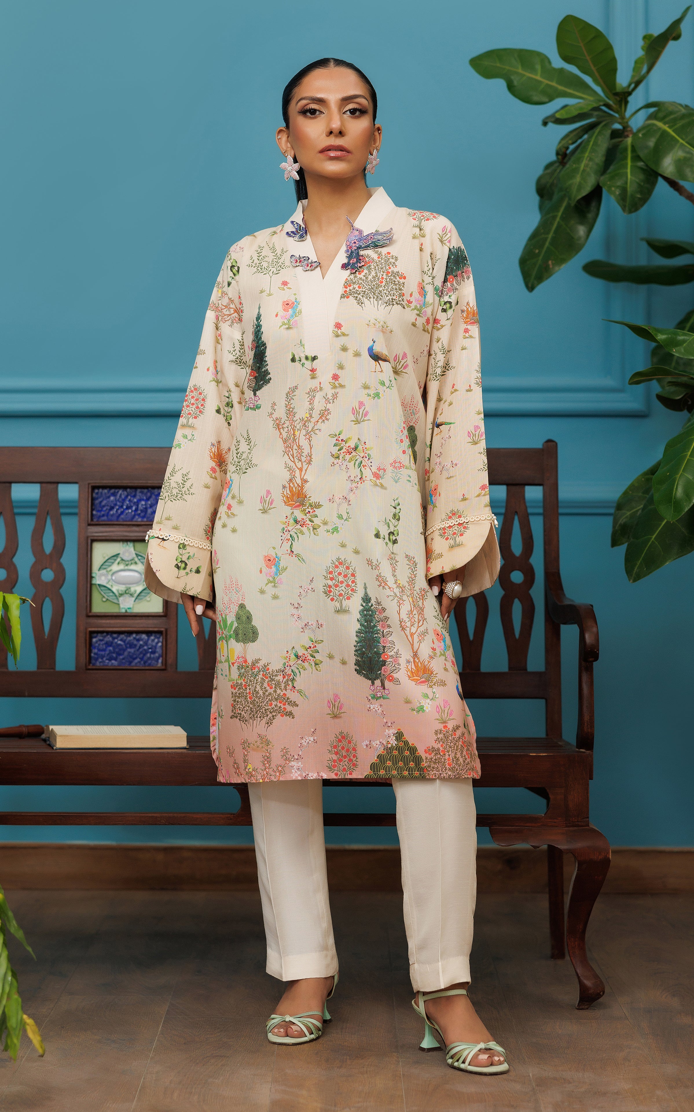 Ivory Printed Viscose Silk Salwar Kameez (2-Piece) - Image 1