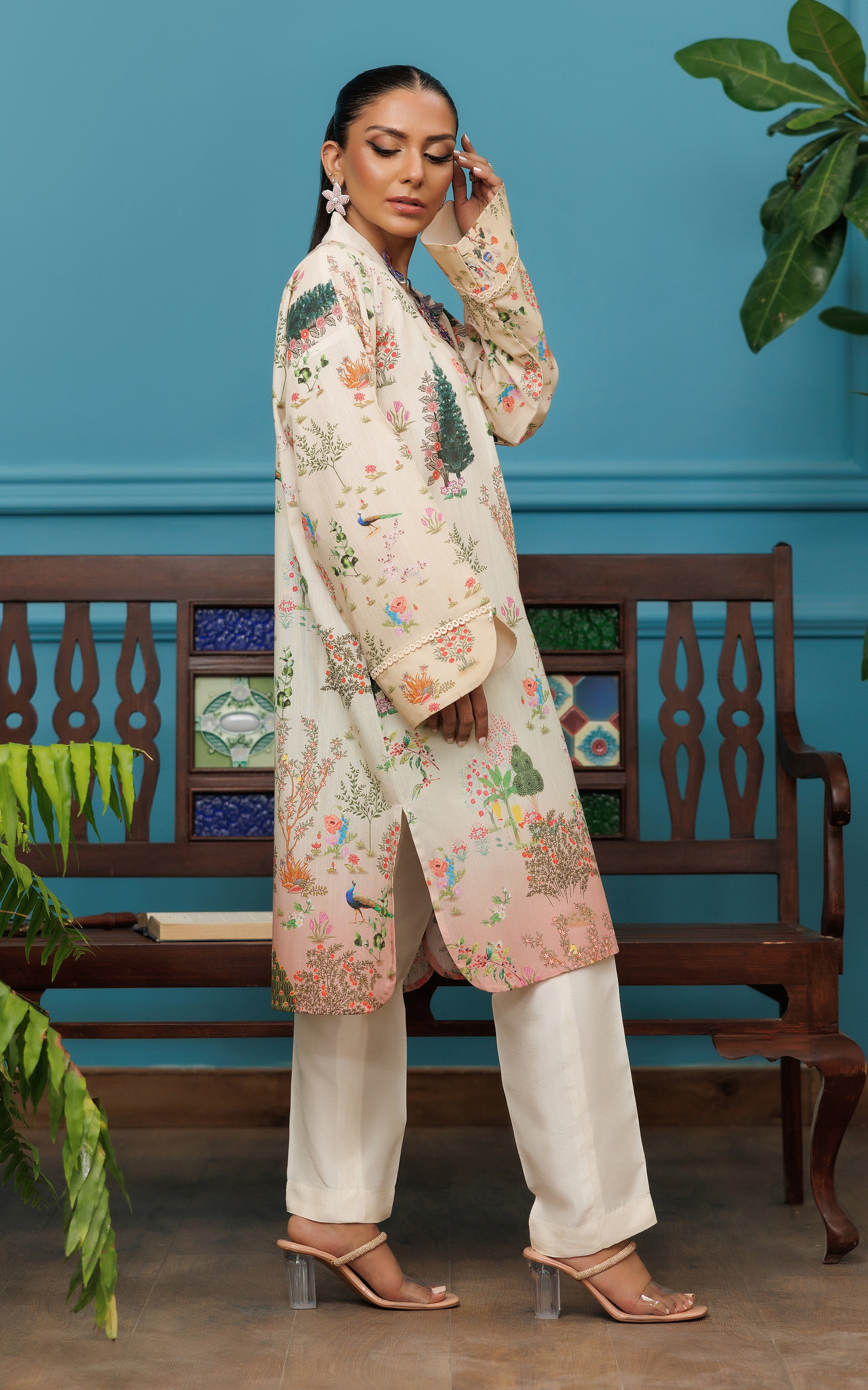 Ivory Printed Viscose Silk Salwar Kameez (2-Piece) - Image 2