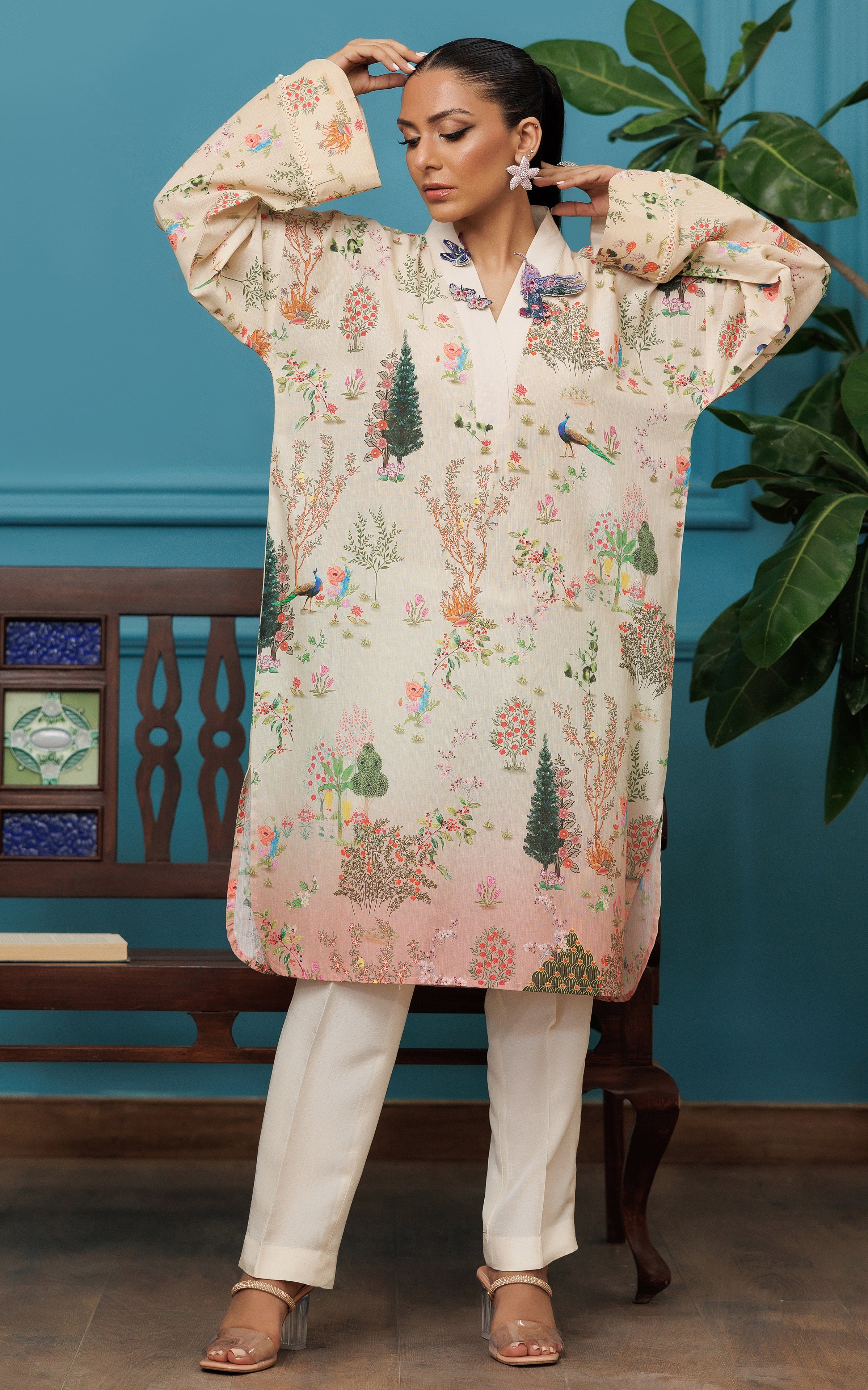 Ivory Printed Viscose Silk Salwar Kameez (2-Piece) - Image 5