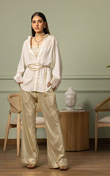 Ivory Embroidered Viscose Silk Kameez with Gold Trousers (2-Piece) - Image 2