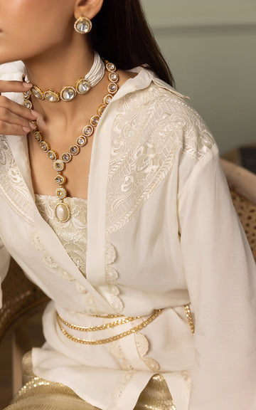 Ivory Embroidered Viscose Silk Kameez with Gold Trousers (2-Piece) - Image 3