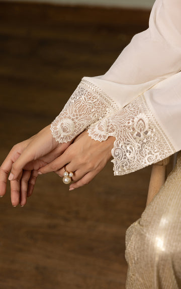 Ivory Embroidered Viscose Silk Kameez with Gold Trousers (2-Piece) - Image 6