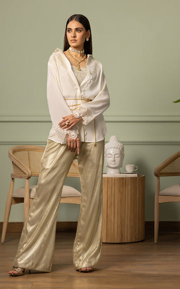 Ivory Embroidered Viscose Silk Kameez with Gold Trousers (2-Piece) - Image 7