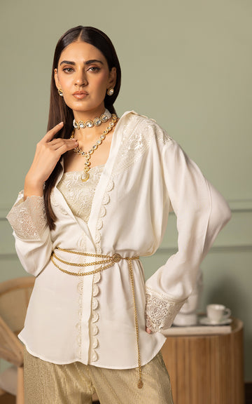 Ivory Embroidered Viscose Silk Kameez with Gold Trousers (2-Piece) - Image 8