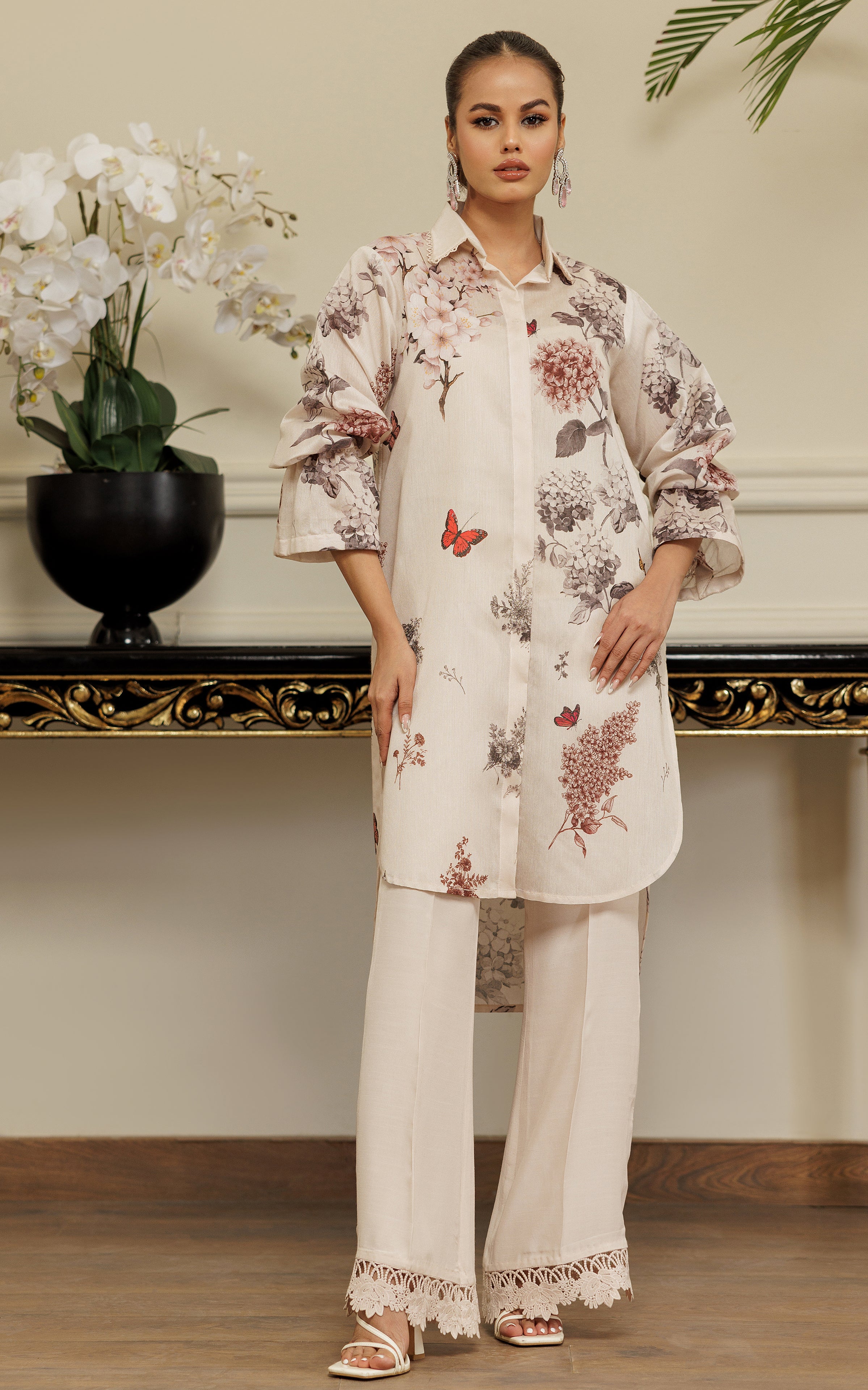 Ivory Floral Printed Viscose Silk Salwar Kameez (2-Piece) - Image 1