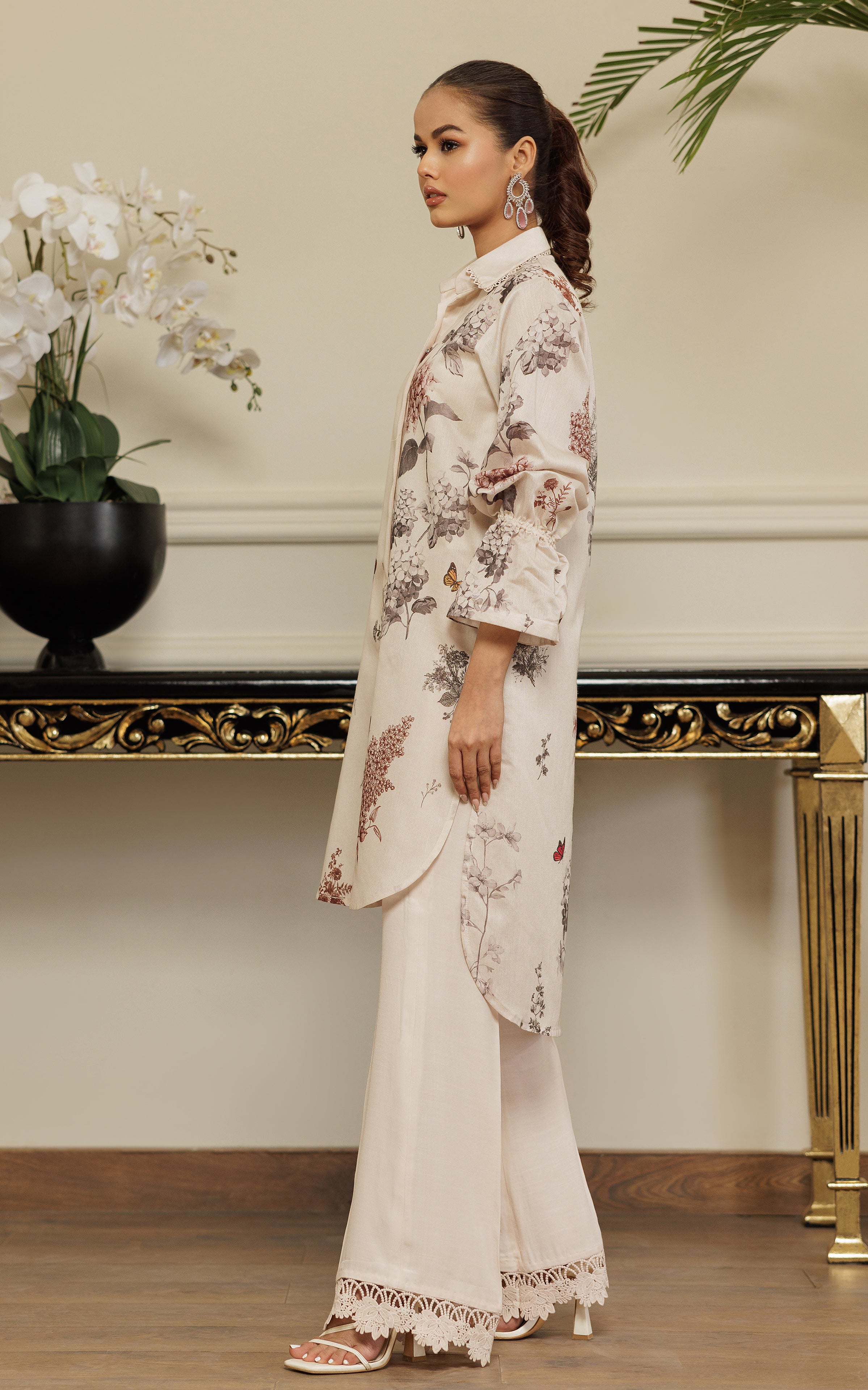 Ivory Floral Printed Viscose Silk Salwar Kameez (2-Piece) - Image 2