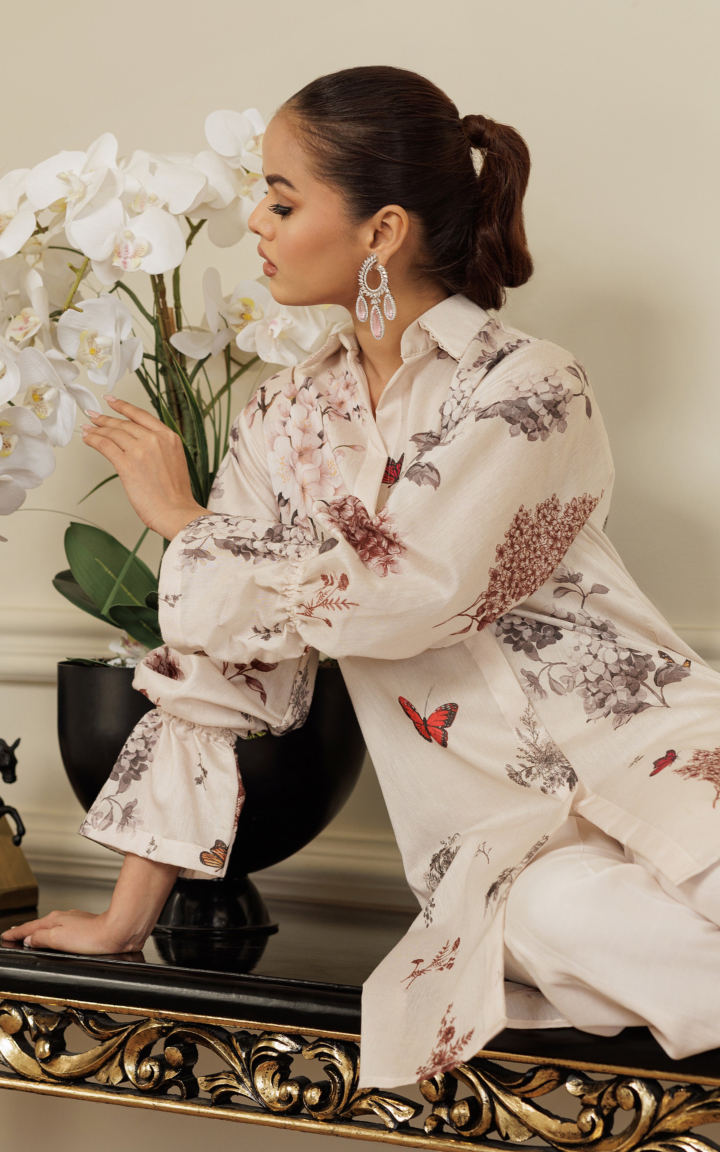 Ivory Floral Printed Viscose Silk Salwar Kameez (2-Piece) - Image 3