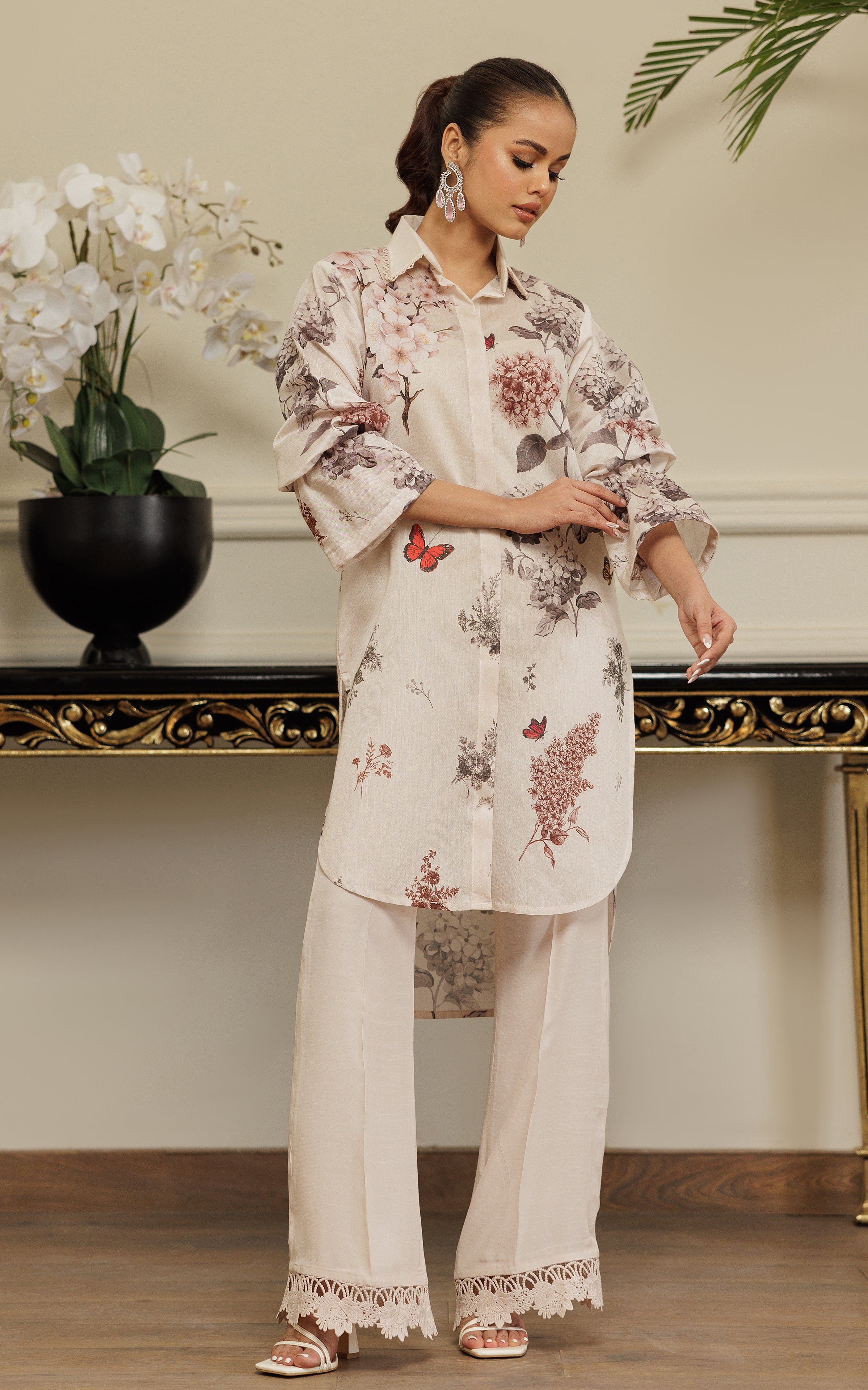 Ivory Floral Printed Viscose Silk Salwar Kameez (2-Piece) - Image 4