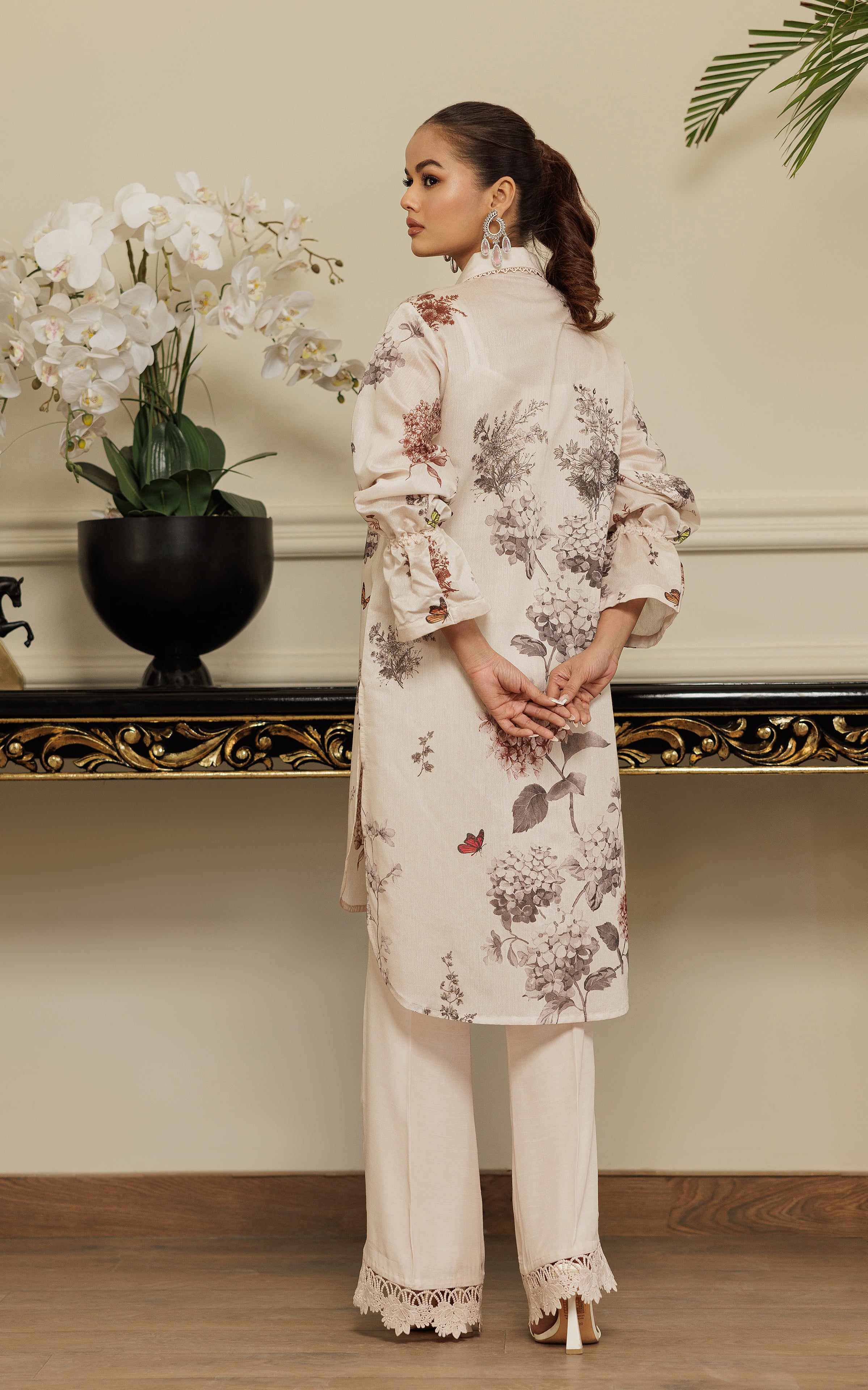 Ivory Floral Printed Viscose Silk Salwar Kameez (2-Piece) - Image 5