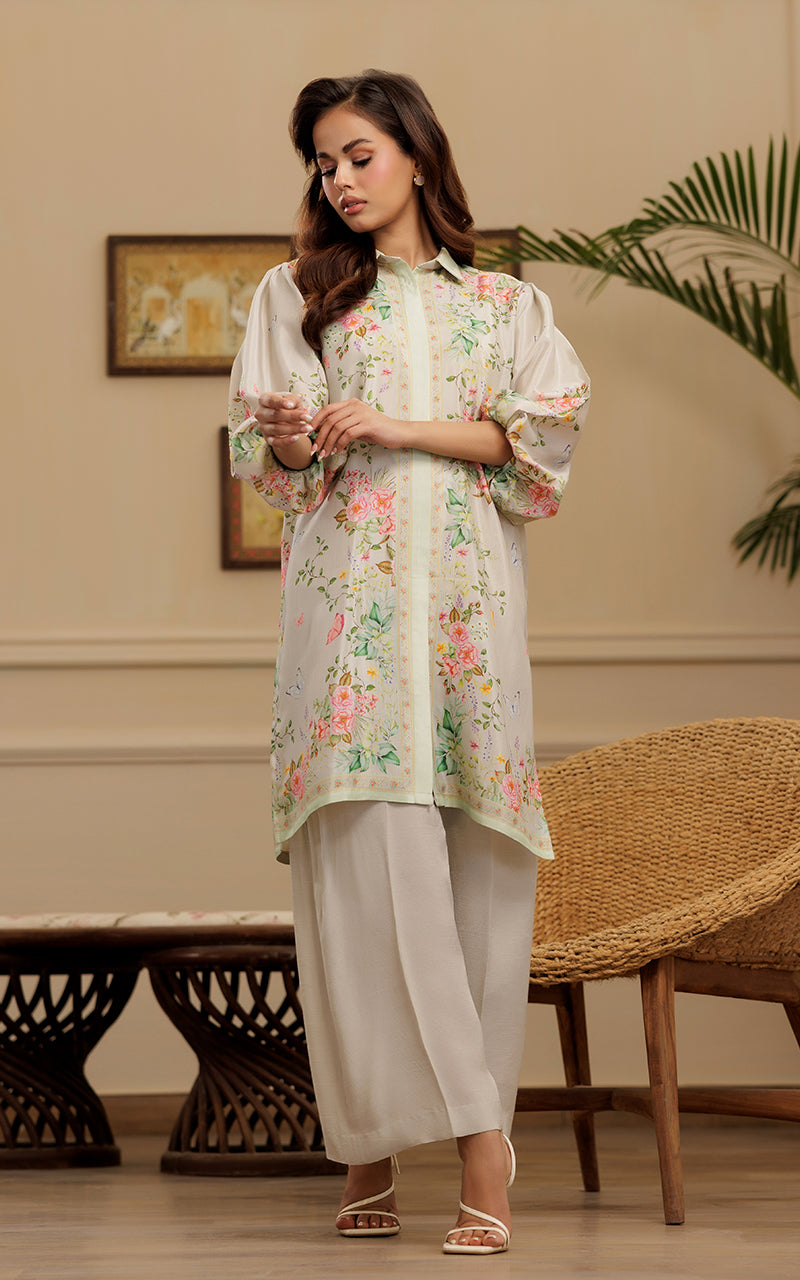 Pakistani Ivory Floral Printed Viscose Silk Tunic (2-Piece) - Image 1