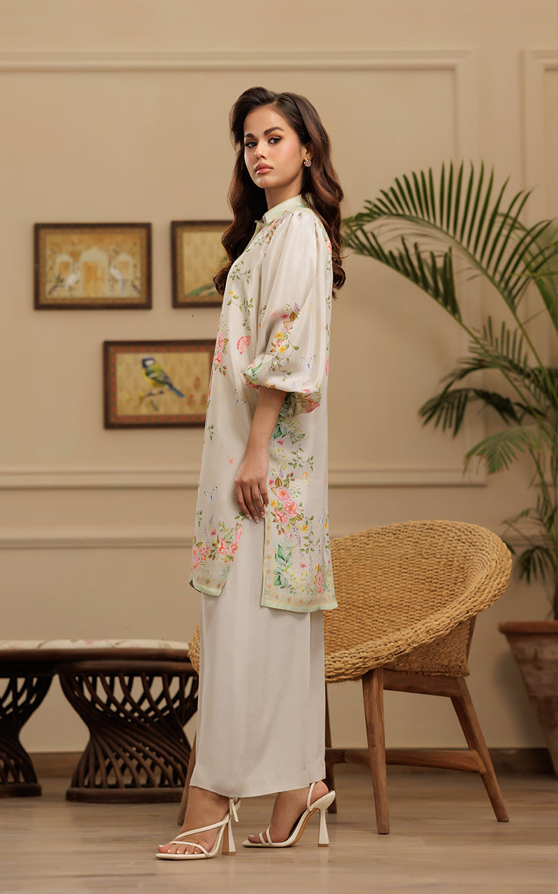 Pakistani Ivory Floral Printed Viscose Silk Tunic (2-Piece) - Image 2