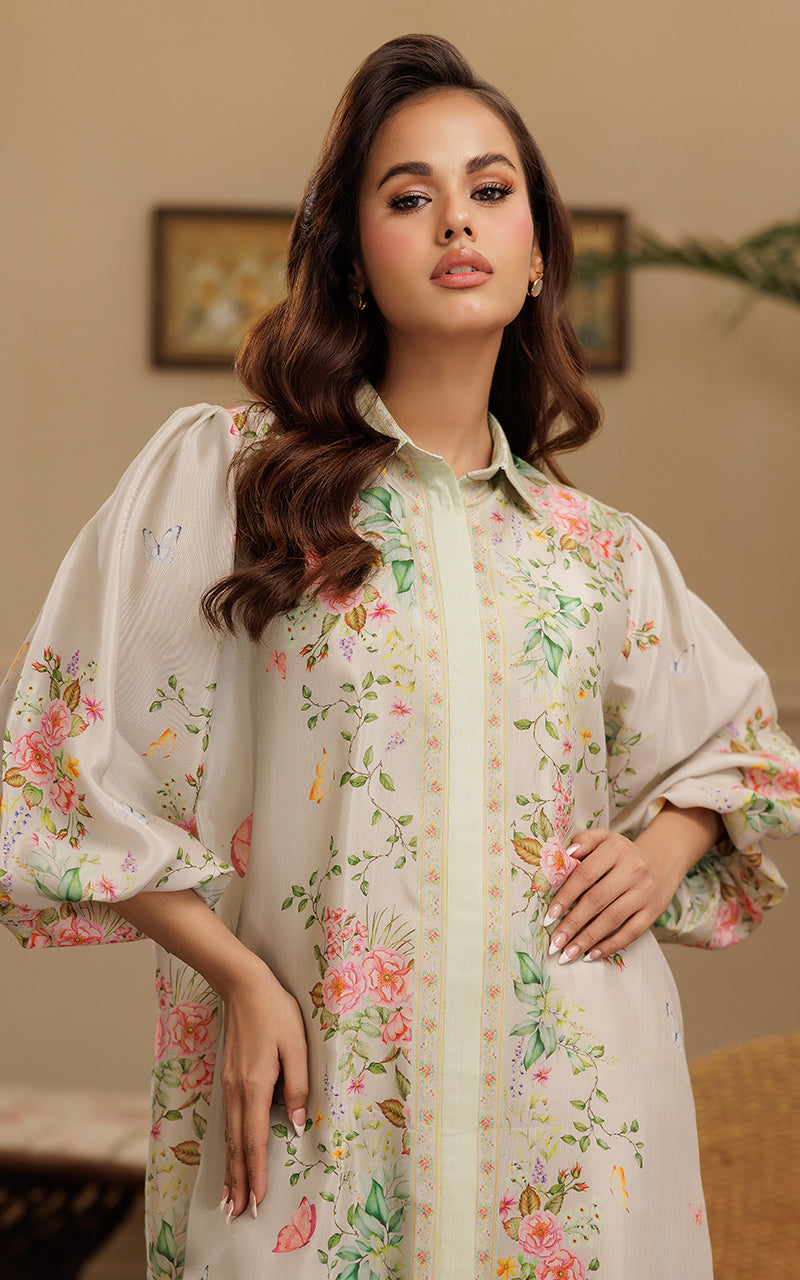 Pakistani Ivory Floral Printed Viscose Silk Tunic (2-Piece) - Image 3
