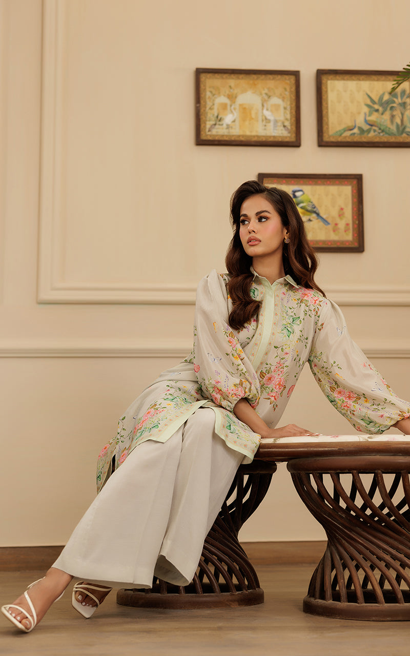Pakistani Ivory Floral Printed Viscose Silk Tunic (2-Piece) - Image 5