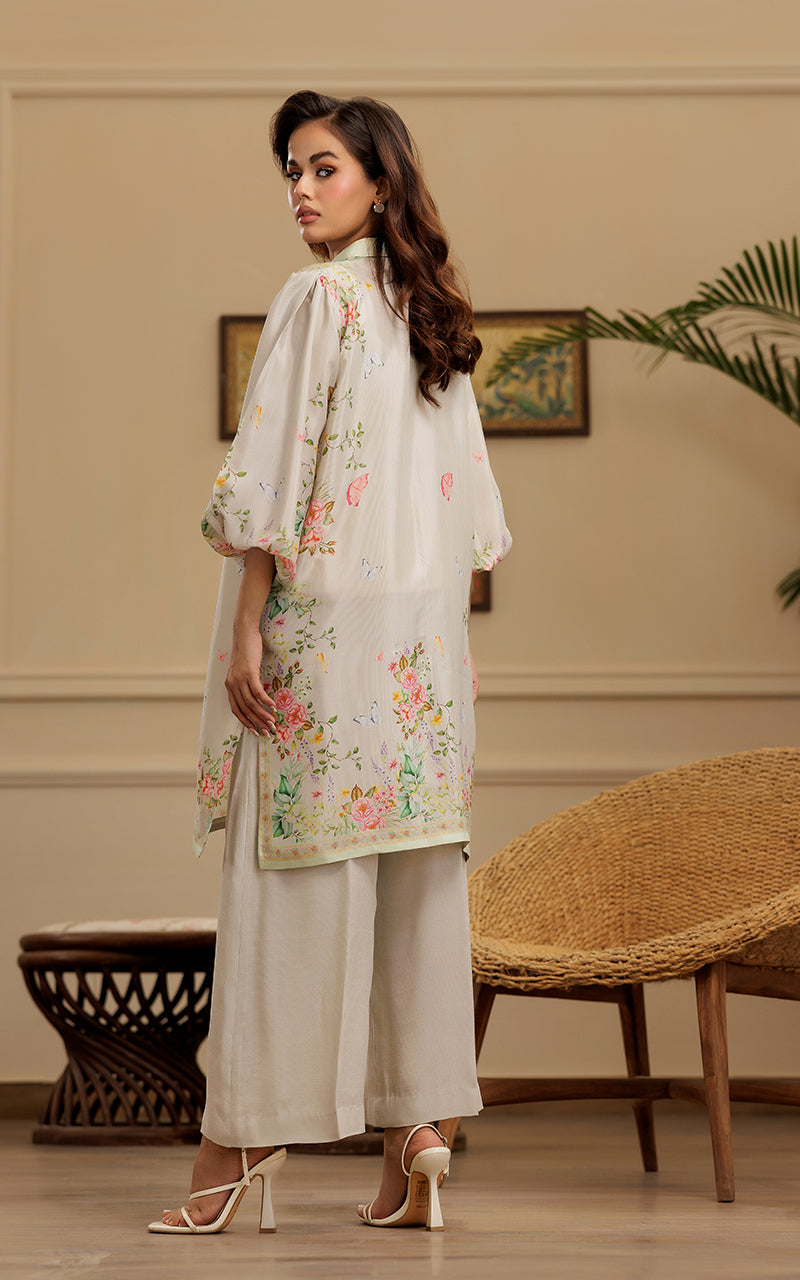Pakistani Ivory Floral Printed Viscose Silk Tunic (2-Piece) - Image 6