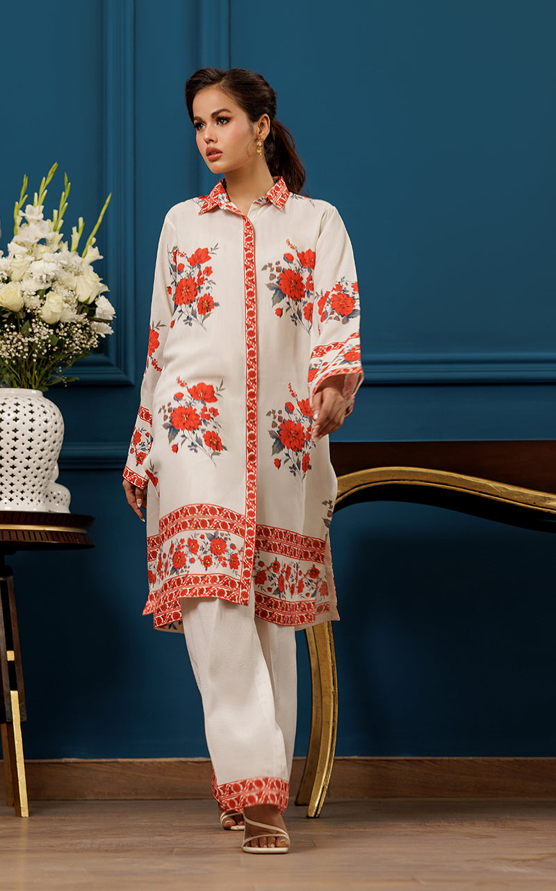 Ivory Floral Printed Viscose Silk Salwar Kameez (2-Piece) - Image 1