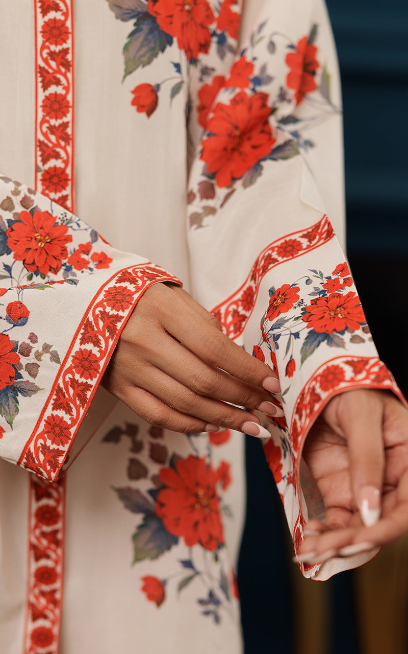 Ivory Floral Printed Viscose Silk Salwar Kameez (2-Piece) - Image 2