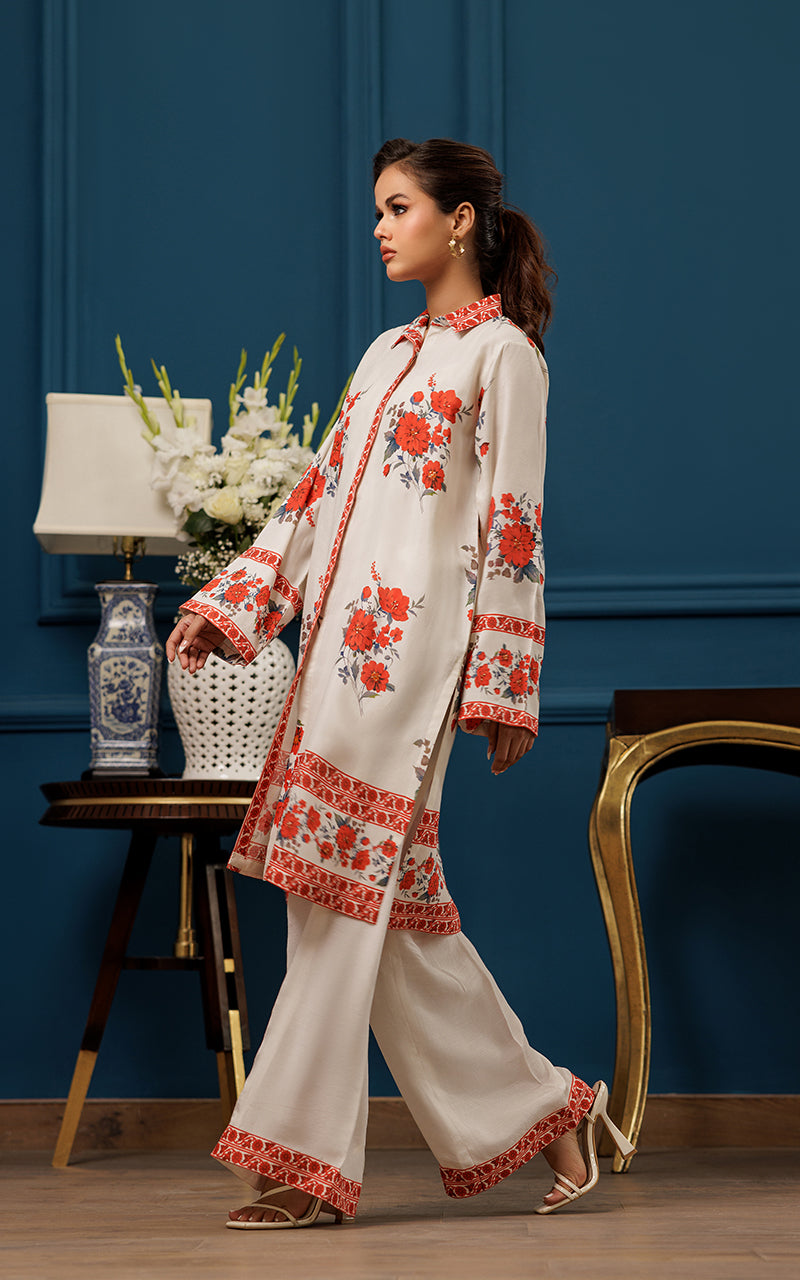 Ivory Floral Printed Viscose Silk Salwar Kameez (2-Piece) - Image 4