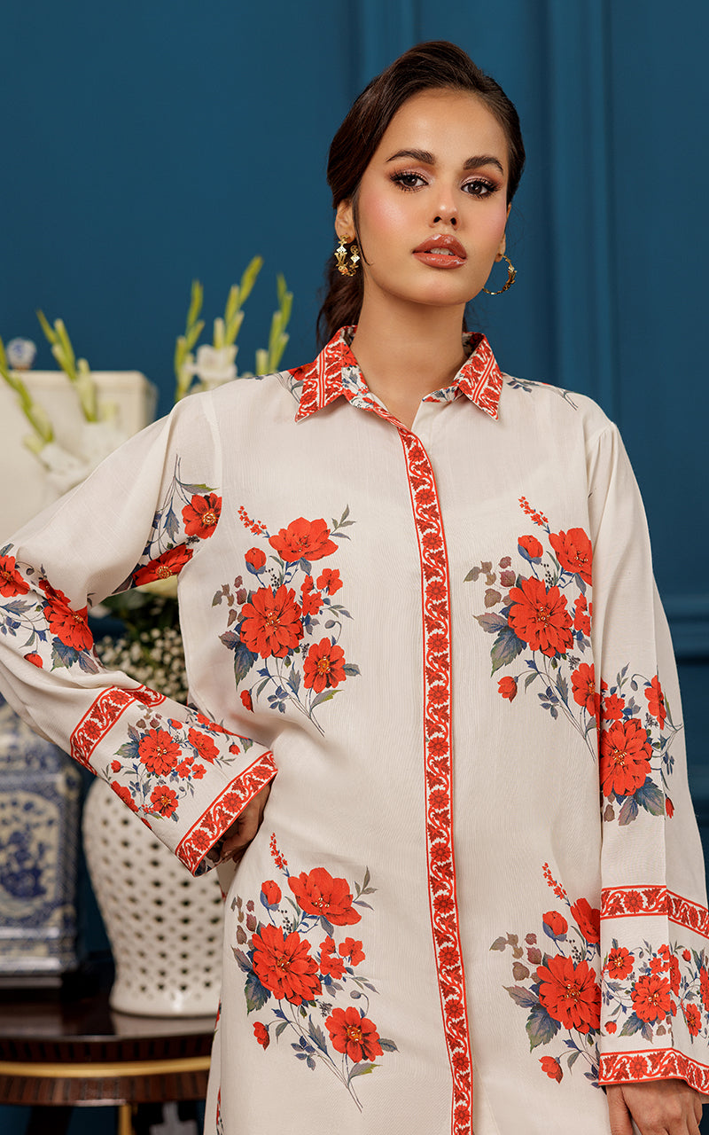 Ivory Floral Printed Viscose Silk Salwar Kameez (2-Piece) - Image 7