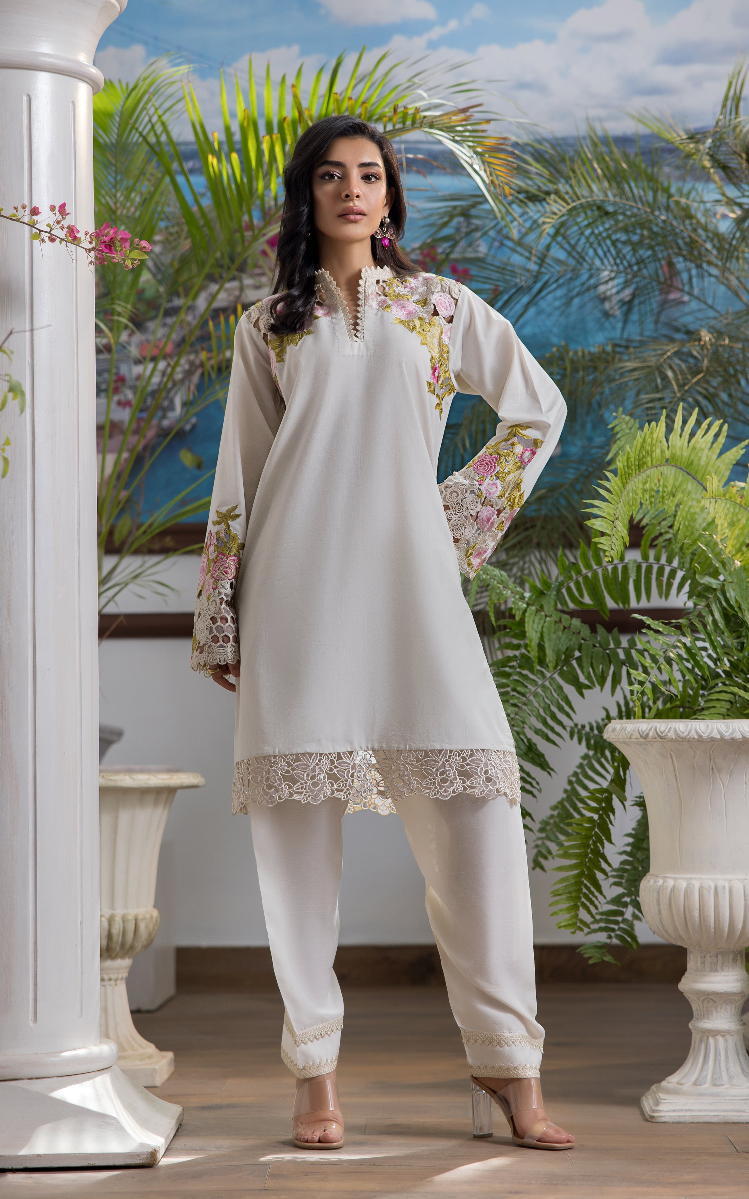 Ivory Floral Embroidered Viscose Silk Salwar Kameez (2-Piece) - Image 1