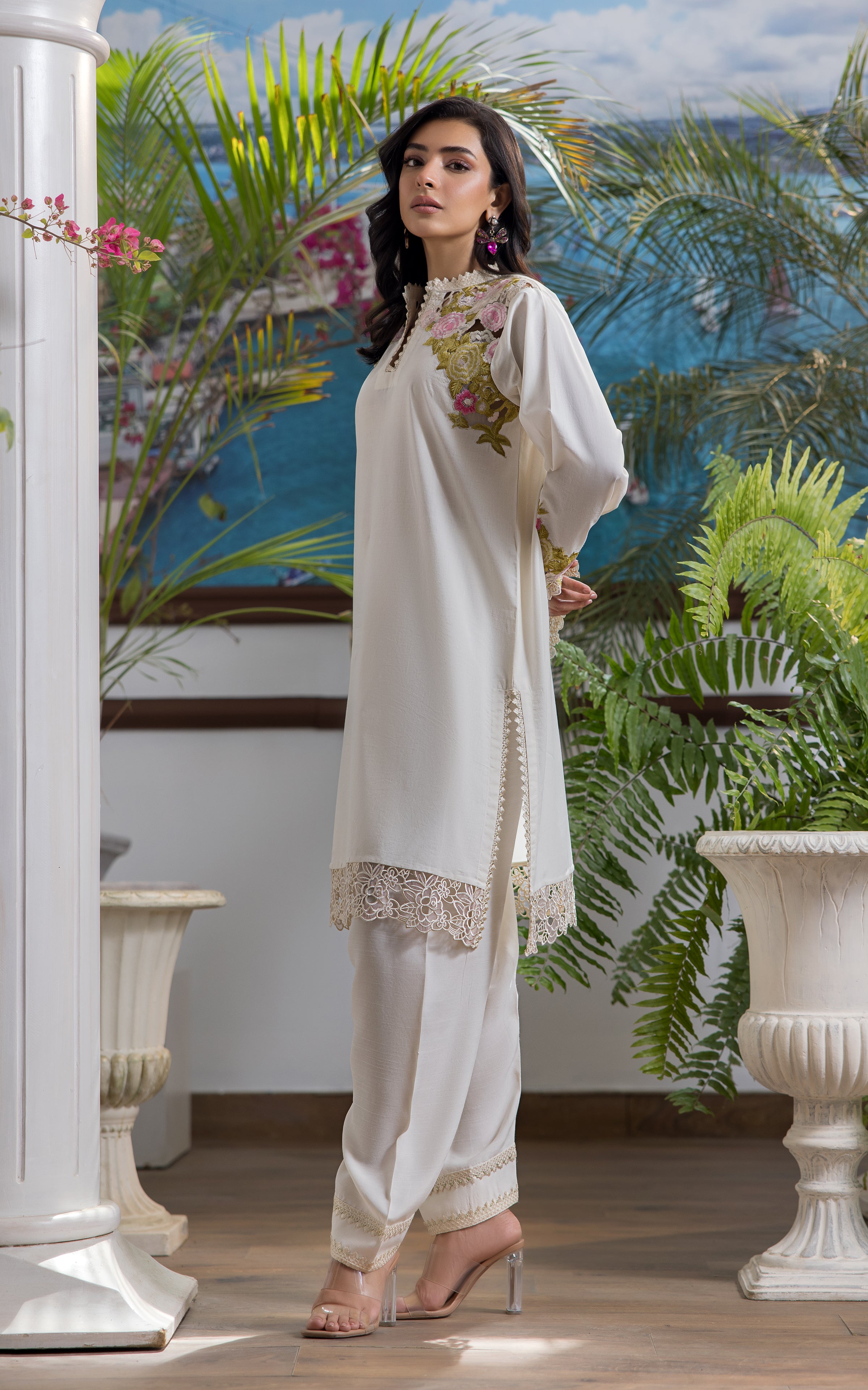 Ivory Floral Embroidered Viscose Silk Salwar Kameez (2-Piece) - Image 2