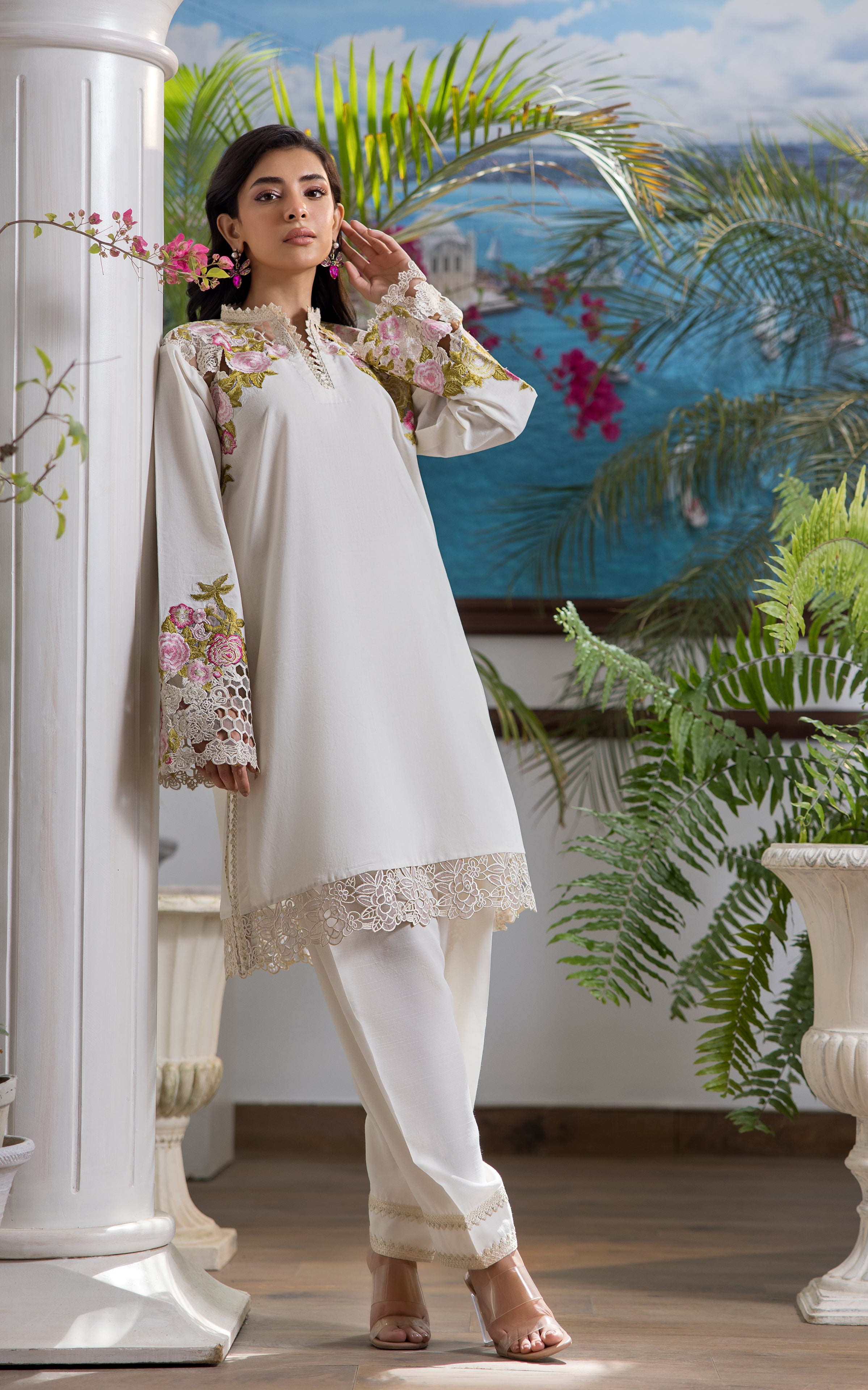 Ivory Floral Embroidered Viscose Silk Salwar Kameez (2-Piece) - Image 3