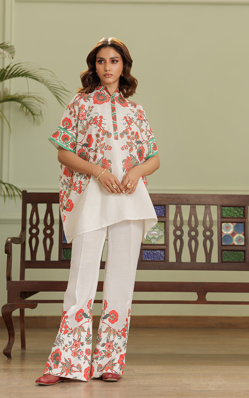 Ivory Floral Printed Viscose Silk Salwar Kameez (2-Piece) - Image 1