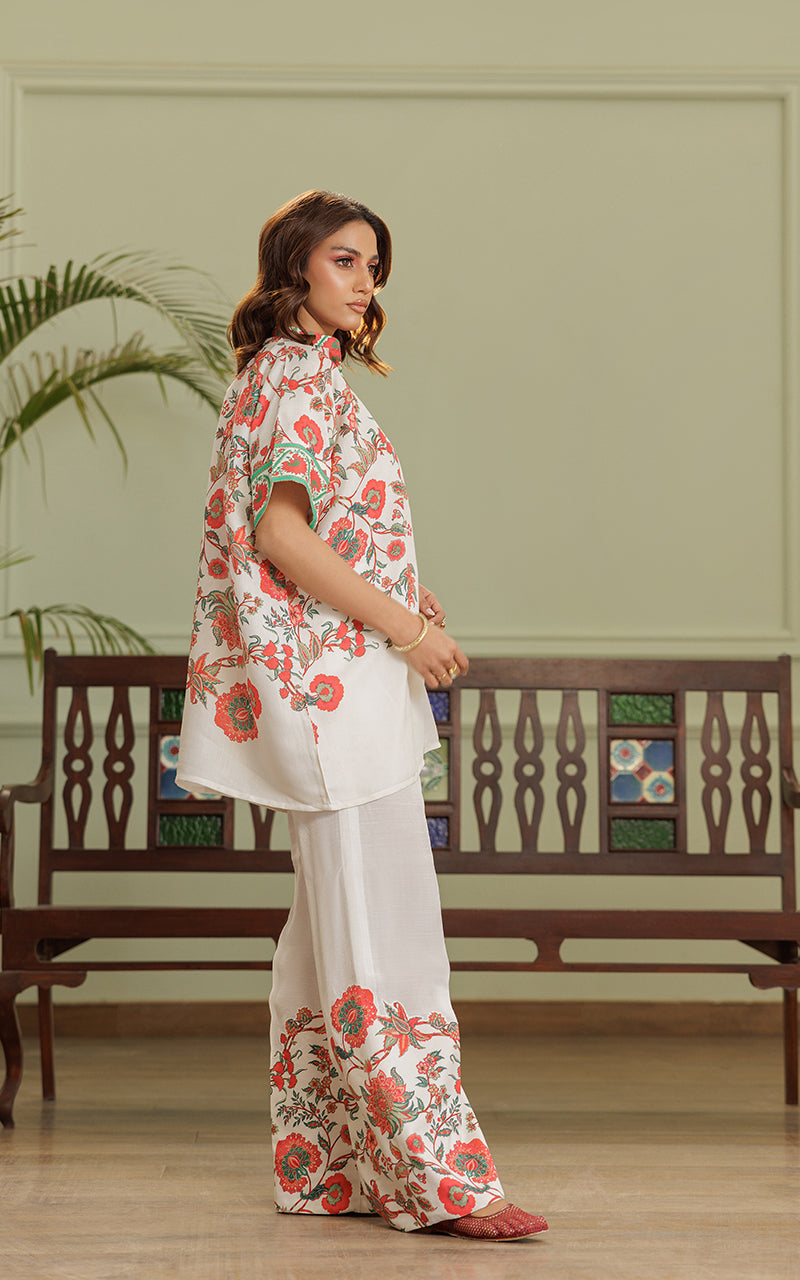 Ivory Floral Printed Viscose Silk Salwar Kameez (2-Piece) - Image 2