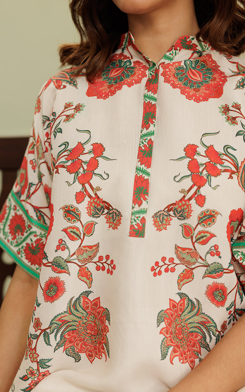 Ivory Floral Printed Viscose Silk Salwar Kameez (2-Piece) - Image 3